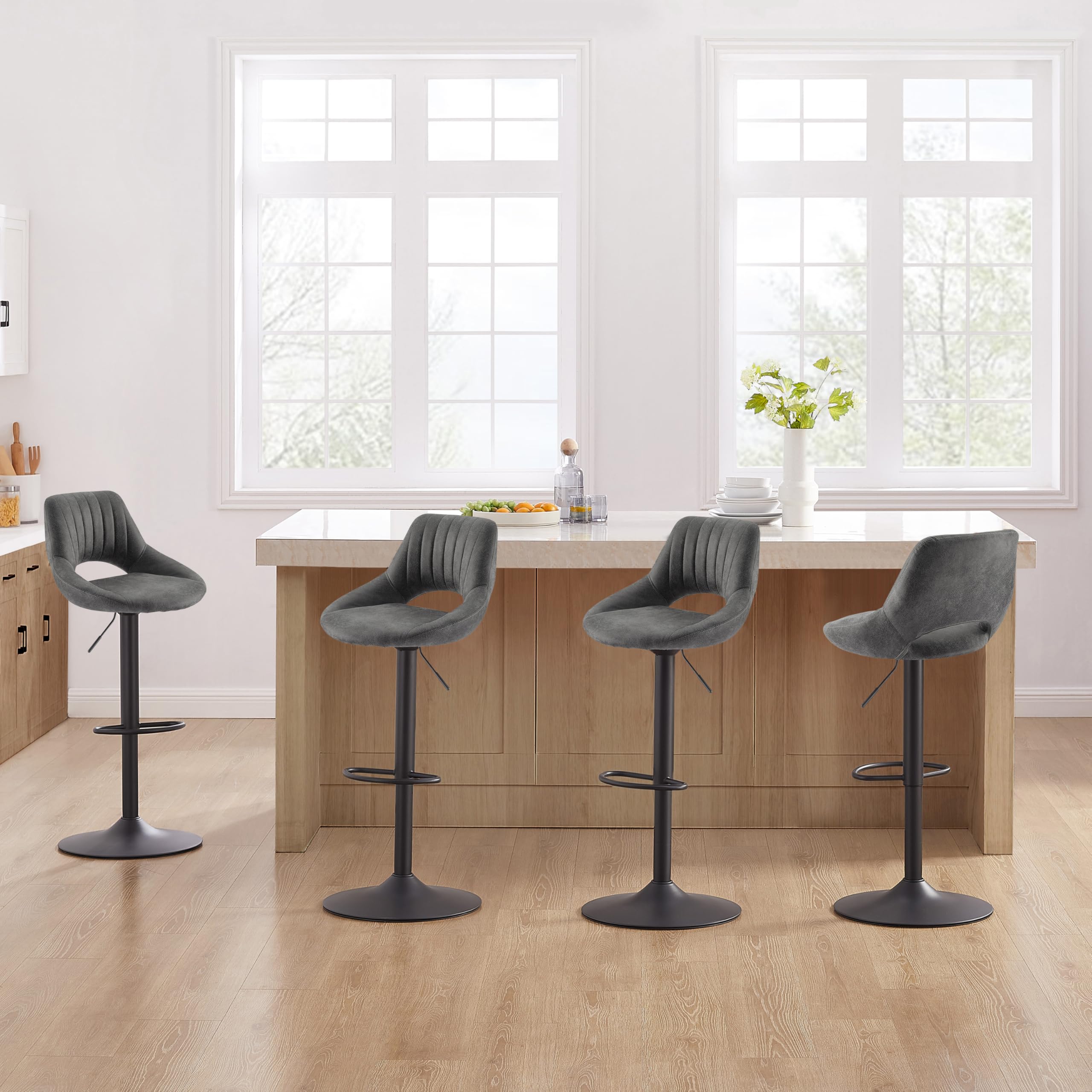 Vintage Adjustable Swivel Bar Stools Set of 4 - Gray Faux Suede Upholstered Counter Height Kitchen Island Stools with Back Support | Perfect for Kitchen Counter, Breakfast Nook, Home Bar & Dining Area