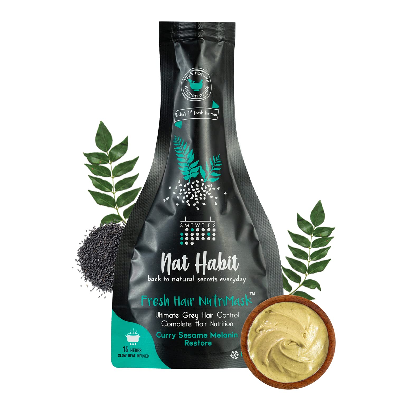 **Nat Habit Curry Sesame NutriMask - Natural Hair Mask for Grey Hair, Deep Conditioning, Smoothing, Strengthening & Shine - For All Hair & Scalp Types (2 x 40g) | Revitalize Dry, Damaged Hair at Home**