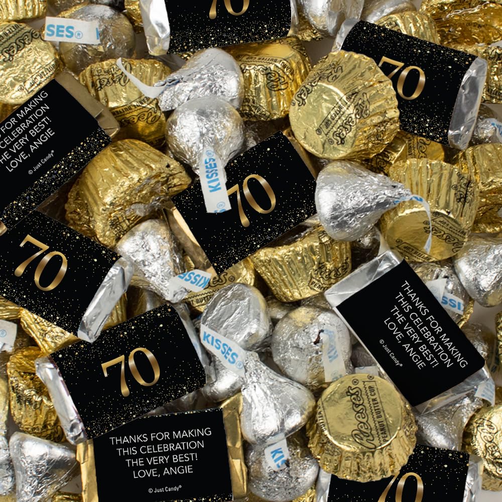 200pcs Personalized 70th Birthday Party Candy Kit - Custom Wrapped Mini Chocolates, Hershey's Kisses & Reese's Peanut Butter Cups - Bulk Candy Buffet Supplies for Anniversary Celebrations, Retirement Parties & Milestone Events