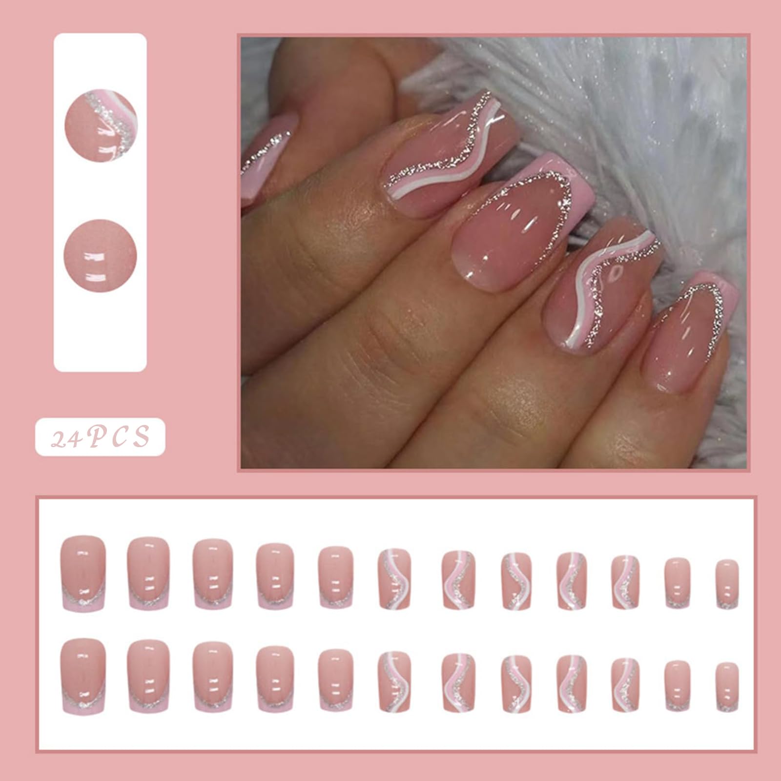 RYMAUP® 24pcs Medium Square Press on Fake Nails - Rose White Ombre with Silver Glitter & Wavy Design - Includes Nail Glue - Perfect for Parties, Weddings, Date Nights & Special Occasions