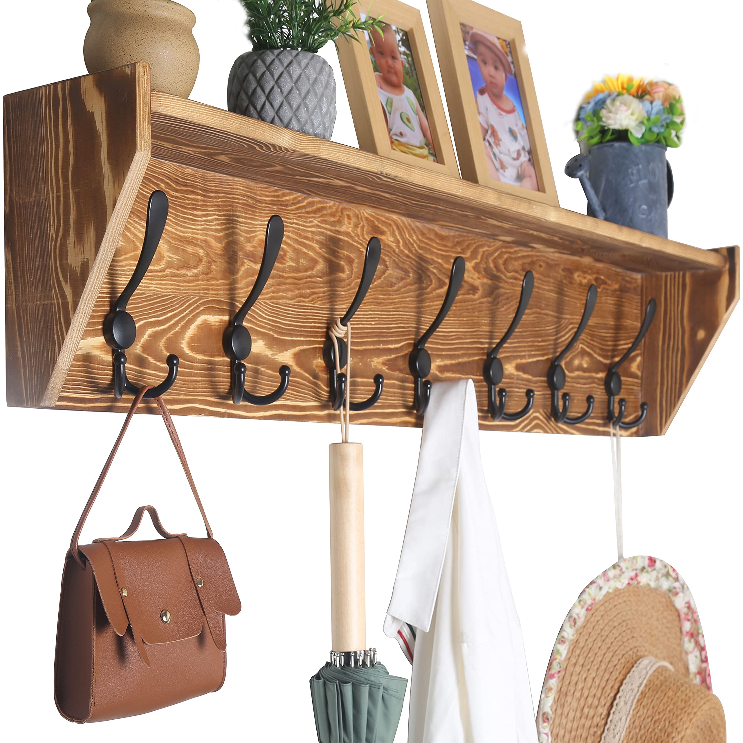 WEBI 35’’ Wall Mounted Coat Rack with Shelf & 7 Triple Hooks - Rustic Brown Entryway Organizer for Keys, Hats & Jackets | Perfect for Hallway, Mudroom & Bedroom Storage