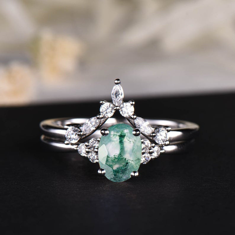 14K White Gold Moss Agate and Diamond Wedding Ring Set for Women - Elegant Bridal Jewelry for Engagement, Anniversary & Special Occasions