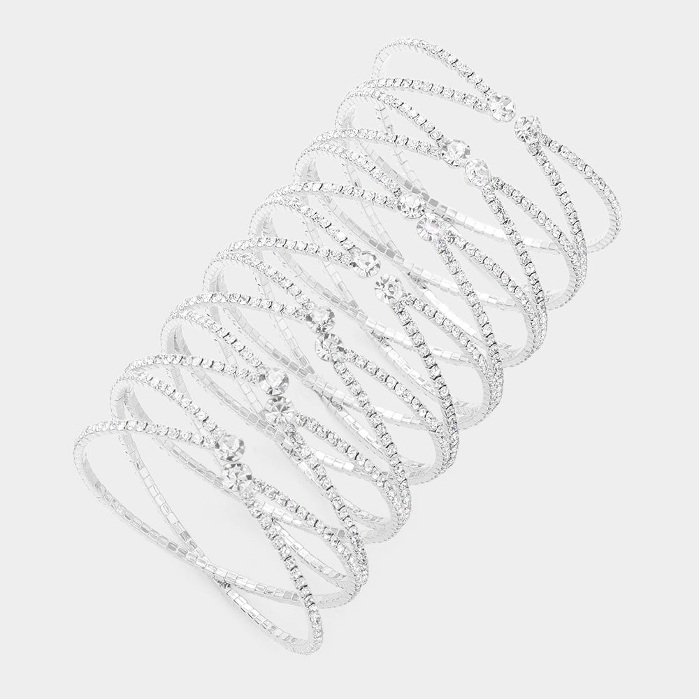 Elegant Clear Round Stone Long Crisscross Cuff Pageant Bracelet in Sterling Silver | Perfect for Prom, Pageants & Formal Events | 590658