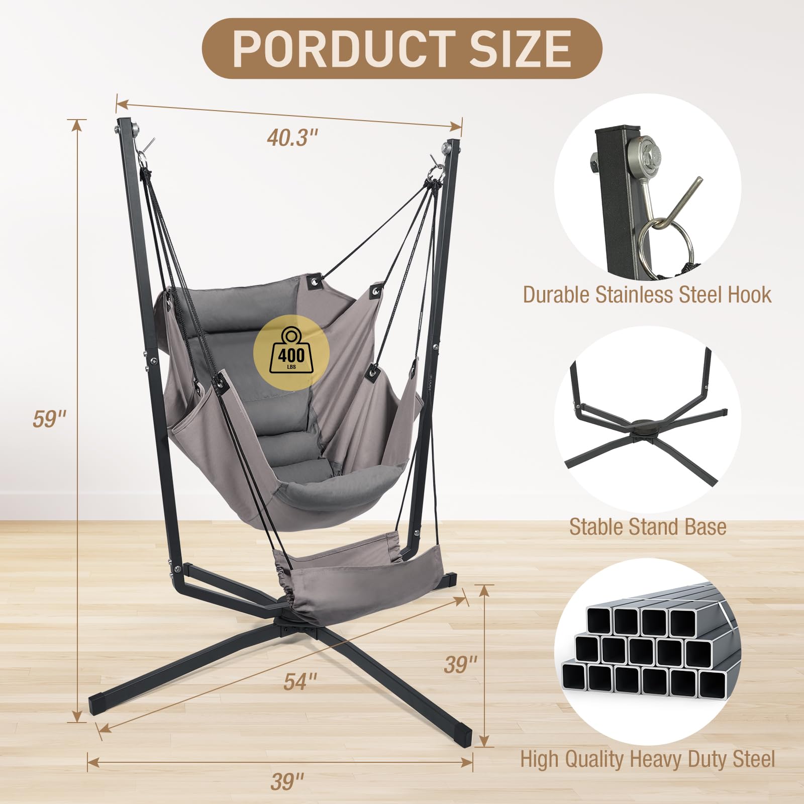 360° Swivel Hammock Swing Chair with Stand - Heavy Duty 400 lbs Capacity Hanging Chair with Cushions for Indoor & Outdoor Use - Perfect for Bedroom, Patio, Garden, Balcony Relaxation & Reading Nook