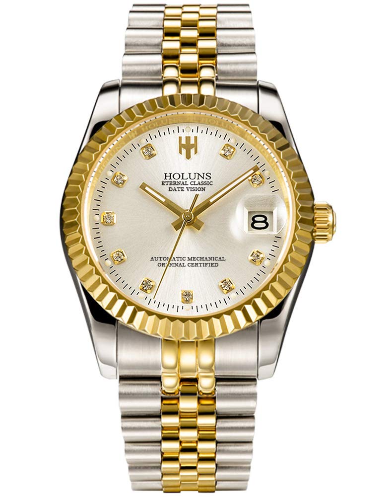 Luxury Men's Automatic Mechanical Watch - 18K Gold Plated Stainless Steel, Self-Winding, Sapphire Crystal Glass, Waterproof Dress Watch for Business & Formal Occasions