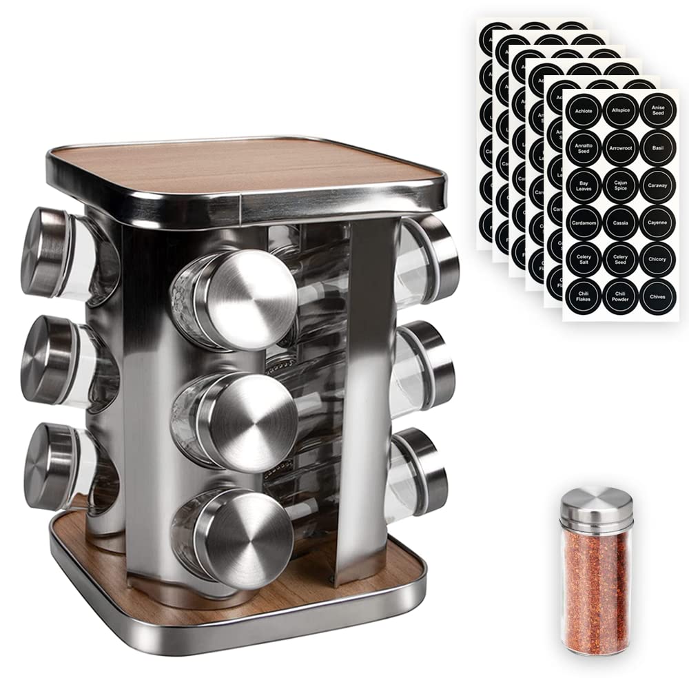 Stainless Steel Rotating Spice Rack Organizer - 12 Jar Countertop Spice Carousel Tower for Kitchen, Cabinet & Pantry Storage - Perfect for Cooking, Baking & Organizing Spices