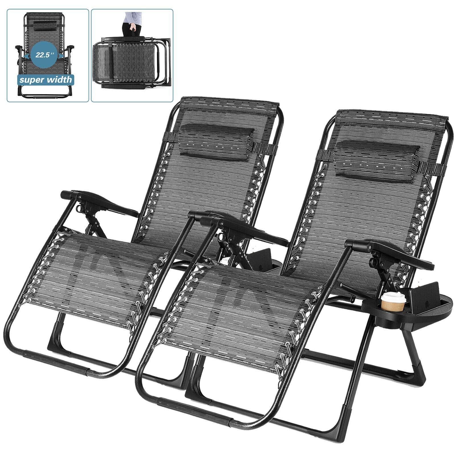 Zero Gravity Folding Beach Chairs - 2 Pack Black Outdoor Lounge Recliners for Poolside, Backyard, Camping & Beach Relaxation