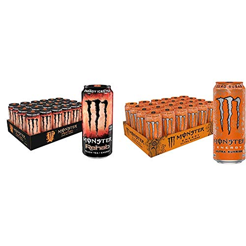 Monster Rehab Peach Tea + Energy Drink, Sugar-Free Iced Tea with Electrolytes & Monster Energy Ultra Sunrise Zero Sugar Energy Drink - 15.5oz & 16oz Cans (24-Pack Each) - Perfect for Workouts, Gaming, and All-Day Energy Boost