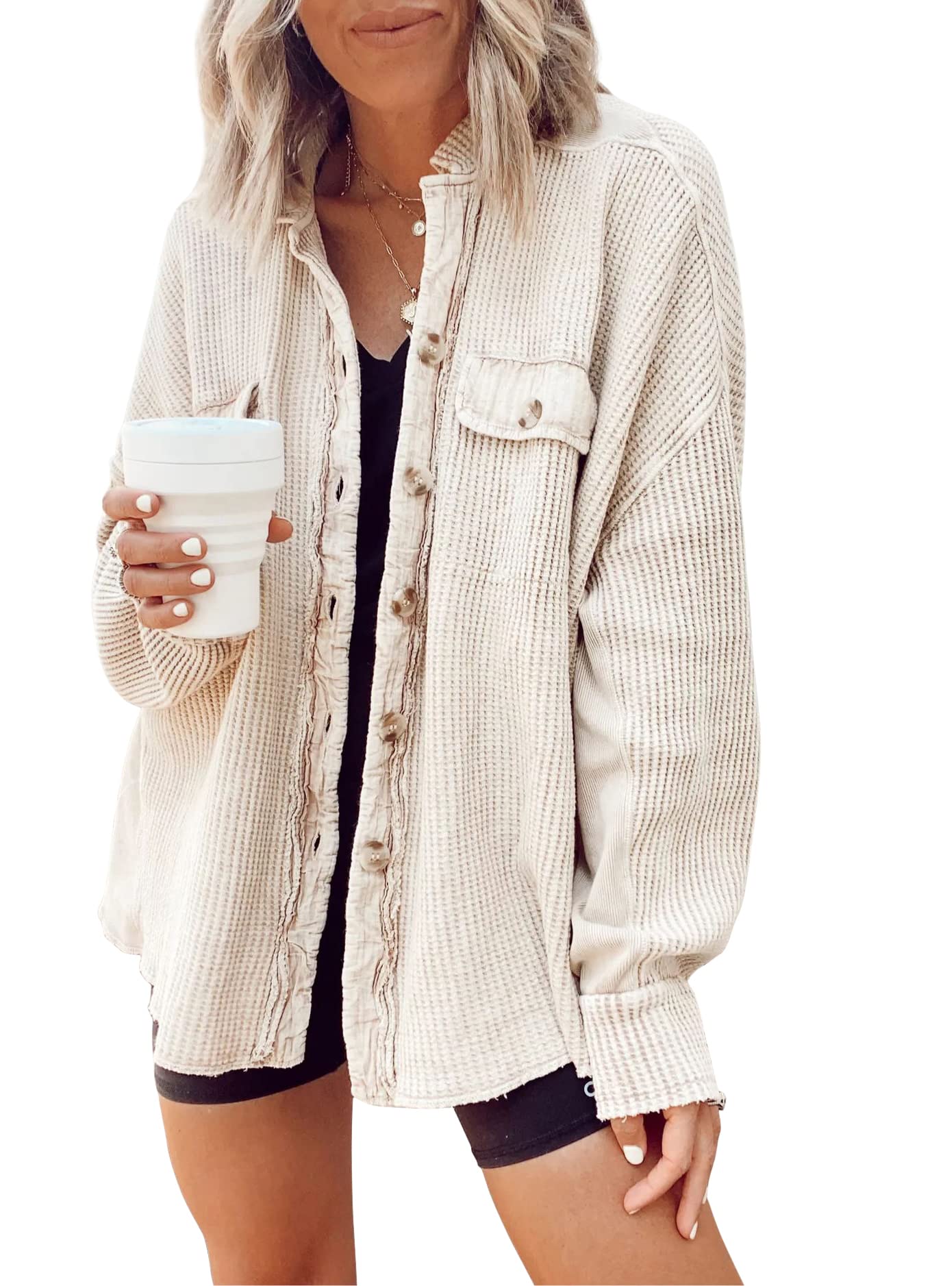Women's Loose Fit Batwing Sleeve Waffle Knit Button Down Shirt Shacket - Casual Oversized Top for Fall Layering & Streetwear Fashion