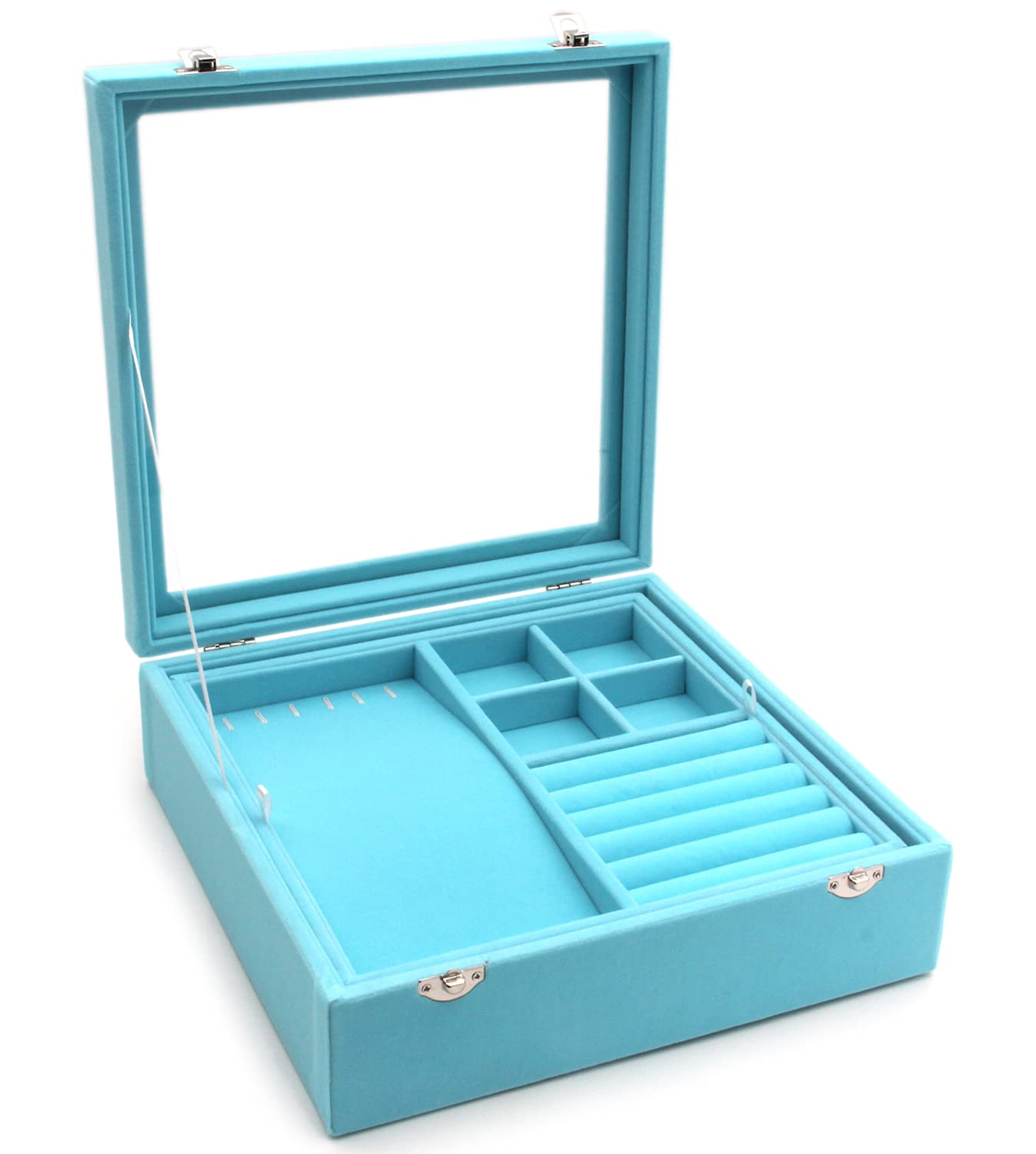 KLOUD City Glass Lid Jewelry Box Organizer - 2-Layer Storage Case for Necklaces, Rings & Earrings - Perfect for Travel & Home Display (Blue)