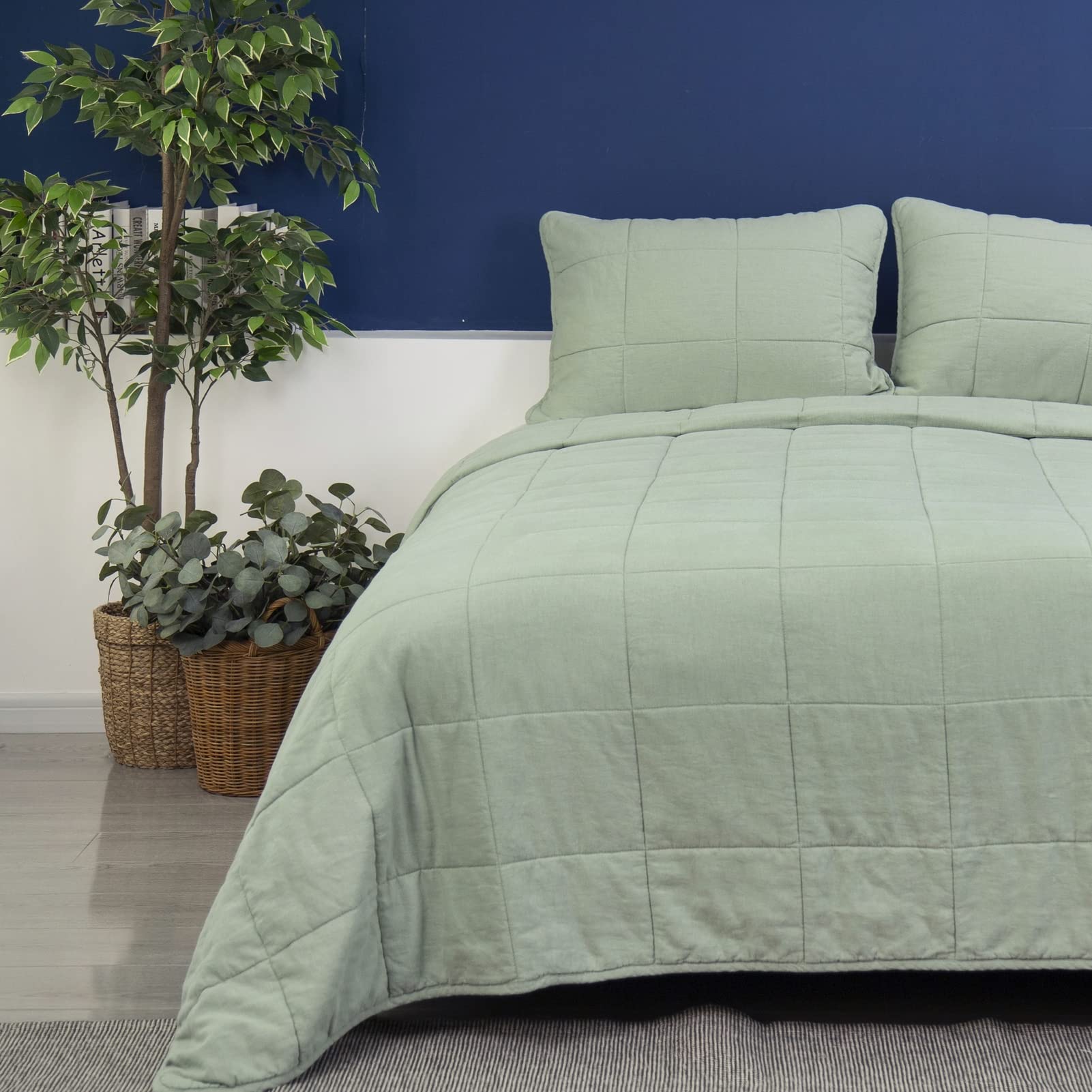 Meadow Park Stonewashed Linen Blend Box Stitch Quilt Set with Matching Pillow Shams - 3 Piece Queen Size Bedding in Sage Green | Cozy Farmhouse Style for Master Bedroom & Guest Room Decor