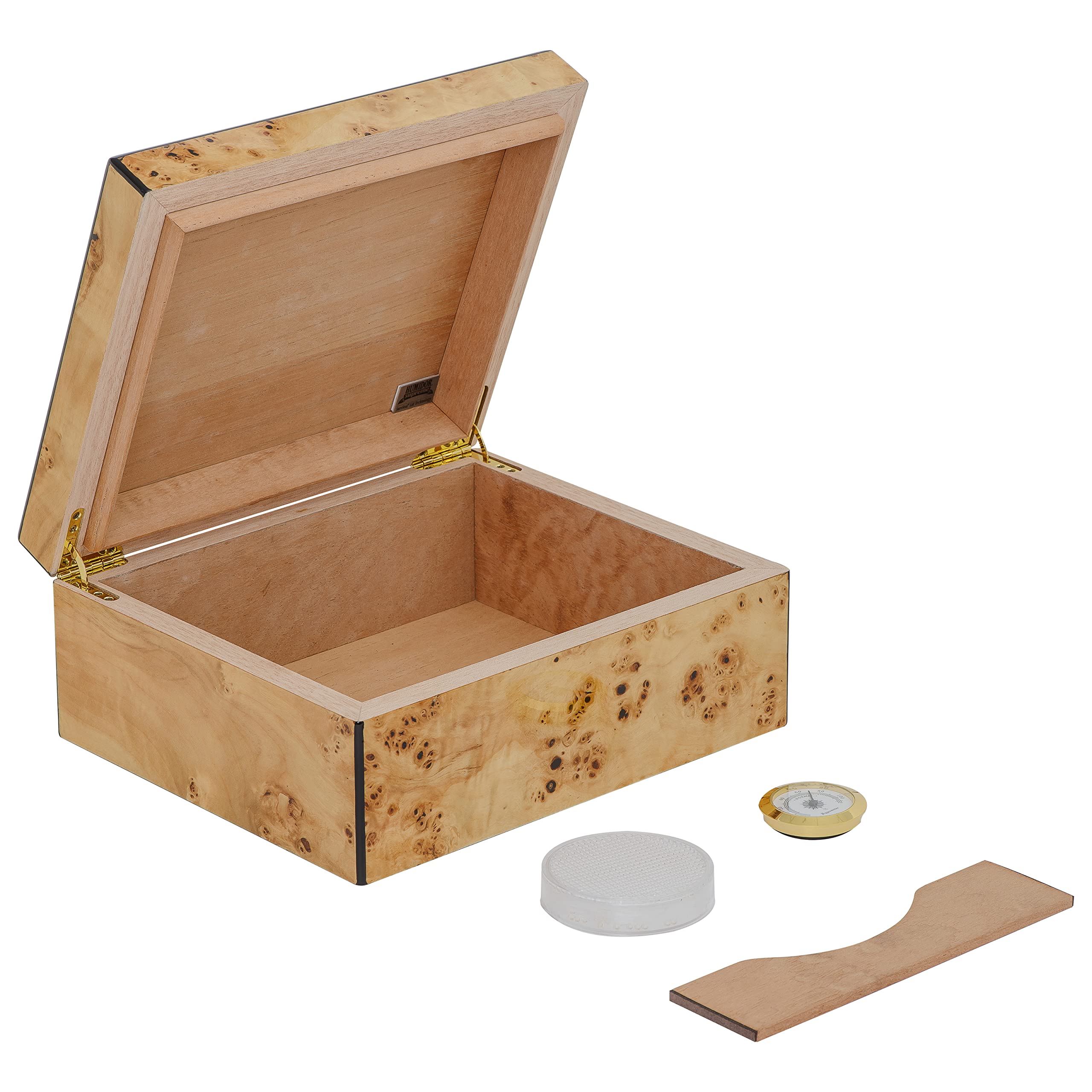 Premium Flanders Desktop Cigar Humidor - Burl Wood & Glass Hygrometer with Spanish Cedar Lining (Holds 30-55 Cigars) - Perfect for Home, Office & Cigar Lounge Storage