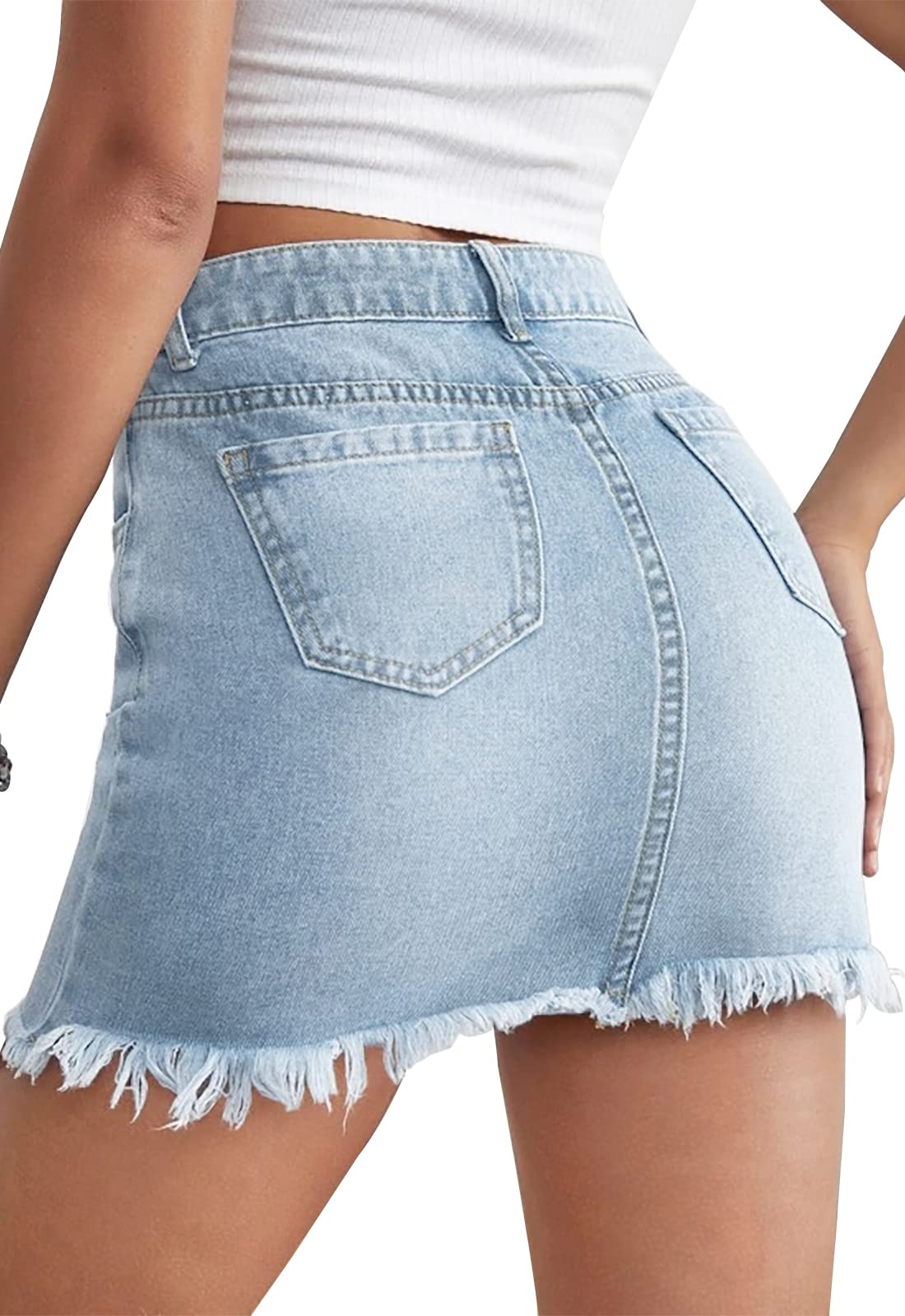 Women's High Waist Stretchy Denim Mini Skirt - Bodycon Washed Frayed Jean Skirt with Pockets | Casual Outfit for Clubbing, Date Night & Streetwear Fashion