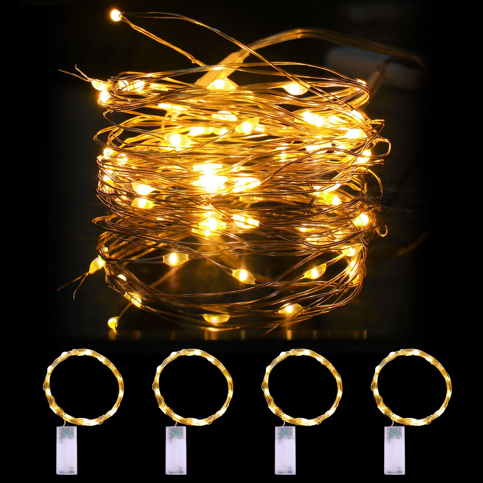 Mandiq 4 Pack Fairy Lights Battery Operated - 10ft 30 LED String Lights with Flashing & Steady Modes, Silver Wire Mini Lights for Christmas Decorations, Weddings, Parties & Home Decor (Warm White)
