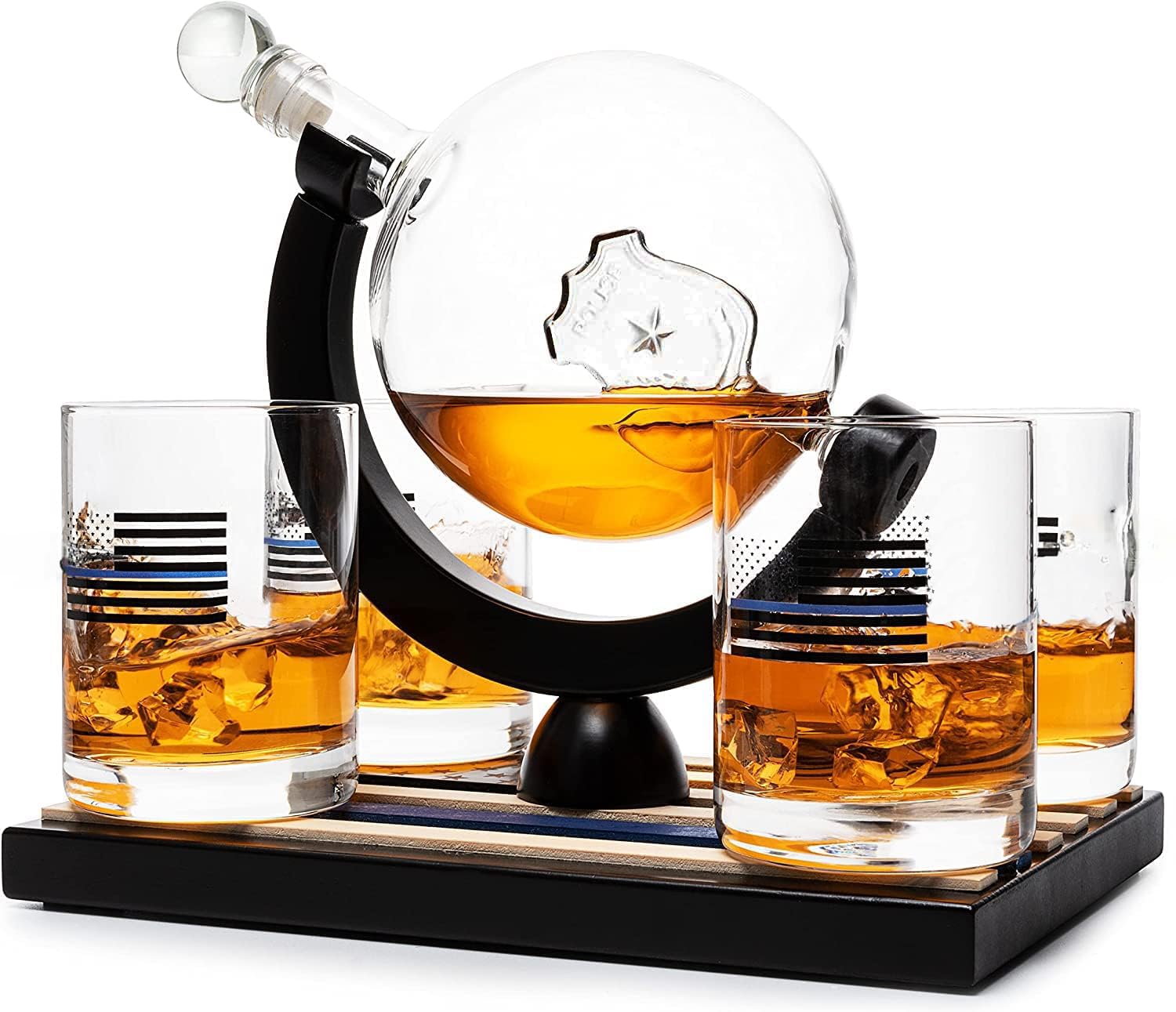 Police Officers Whiskey Decanter Set - 850ml Glass Decanter & 4 (10oz) Glasses with Thin Blue Line Flag Base - Law Enforcement Gifts for Police, First Responders & Police Academy Graduates - Perfect for Father's Day, Retirement & Appreciation Gifts