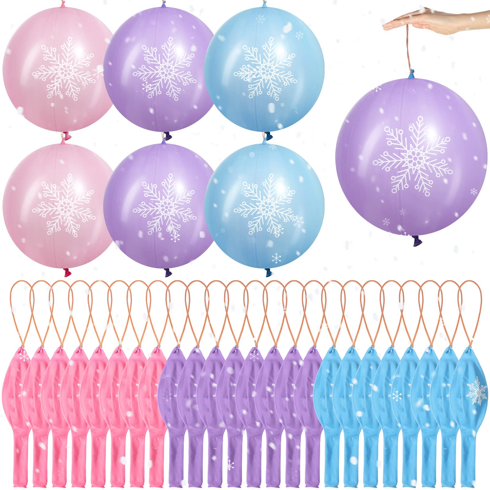 Leitee 36 Pcs 18 Inch Snowflake Punch Balloons - Winter Party Decorations, Carnival Prizes & Birthday Party Favors with Rubber Band Handles - Perfect for School Games, Daily Play & Holiday Celebrations