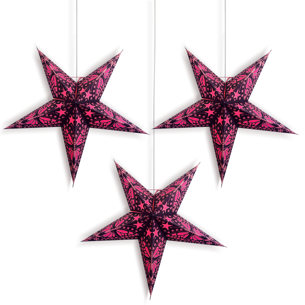 3 Pack 24 Inch Purple Pink Butterfly Paper Star Lanterns with LED Bulbs & Lamp Cord - Hanging Party Decorations for Weddings, Baby Showers & Home Decor