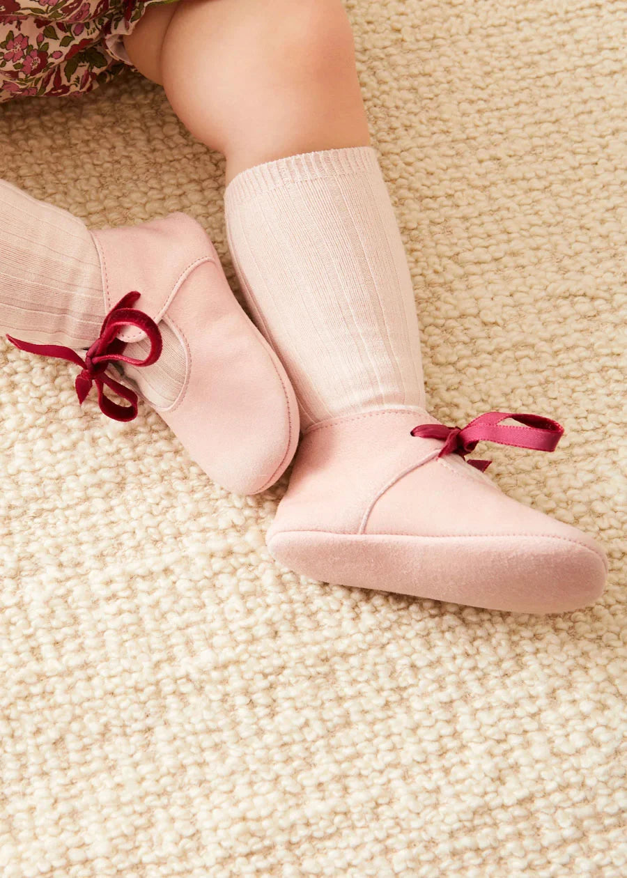 Pink Suede Baby Pram Shoes with Velvet Ribbon - Soft Infant Booties for Newborns (Size 17-20 EU) | Perfect for Photo Shoots, Christenings & Special Occasions
