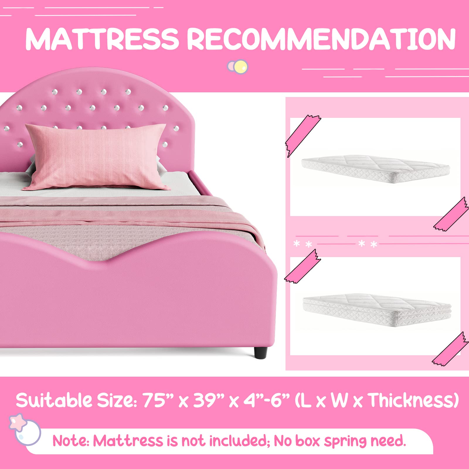 HONEY JOY Twin Bed Frame for Kids - Sturdy Wooden Platform Bed with Headboard & Slat Support, No Box Spring Required | Perfect for Boys & Girls Bedrooms | Fits Standard Twin Mattress (Pink) | Ideal for Toddler Rooms, Sleepovers & Kids' Bedroom Decor