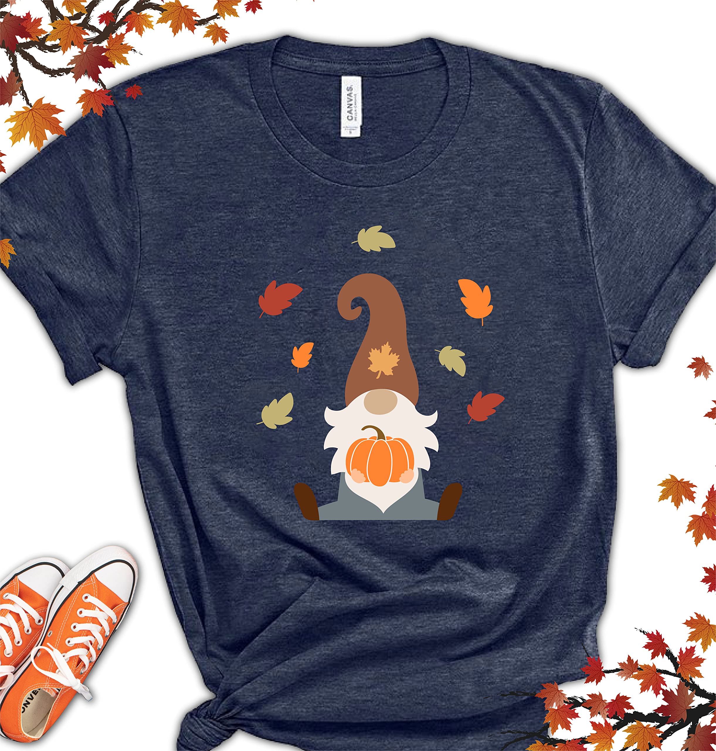 Gnomes T-Shirts for Women & Men | Fall Leaves & Pumpkin Print Autumn Tees | Thanksgiving & Halloween Graphic Shirts | Cozy Seasonal Gift for Christmas & Holiday Gatherings