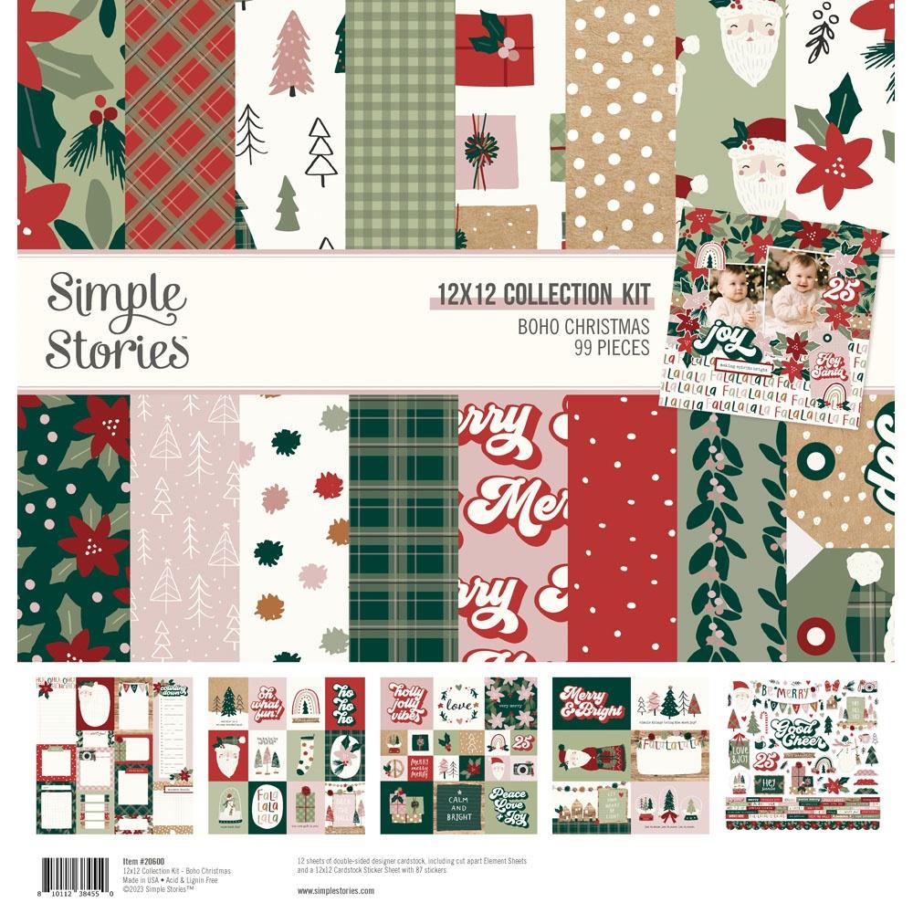 Boho Christmas Scrapbook Kit 12x12 - Vintage Holiday Paper, Stickers & Embellishments for DIY Cards, Albums & Gift Tags
