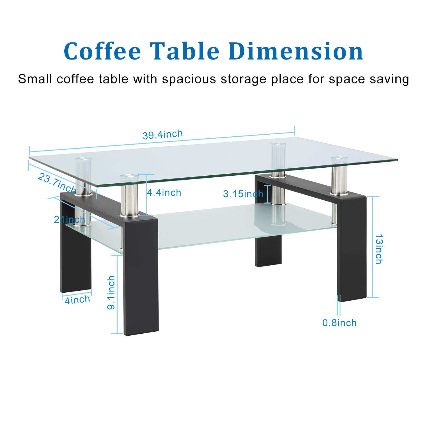 Premium Tempered Glass Coffee Table with Black Metal Legs - Modern Rectangle Center Table for Living Room with Lower Storage Shelf | Stylish & Durable Home Furniture for Small Spaces, Apartments, and Lounge Areas