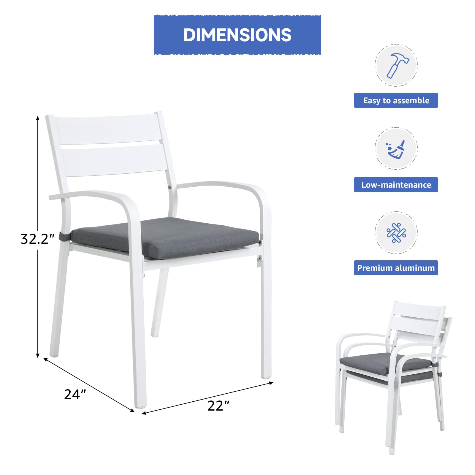 Outdoor Aluminum Stackable Bistro Dining Chairs Set of 4 with Cushions - White Patio Chairs with Gray Cushions for Garden, Balcony, Backyard & Poolside - Perfect for Outdoor Entertaining & Relaxation