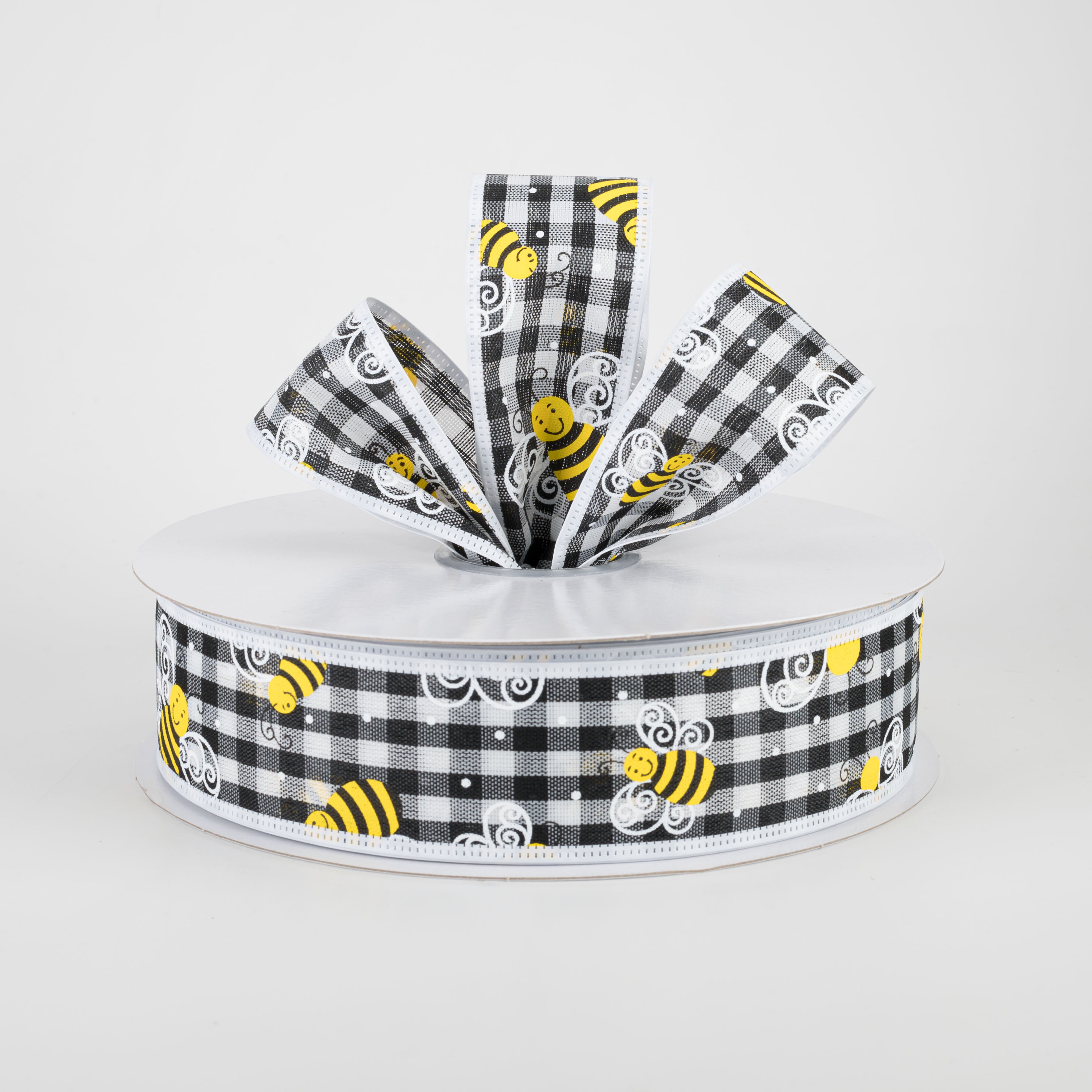 1.5 Inch Gingham Bee Print Ribbon with White Edge - 50 Yards Bulk Roll for Gift Wrapping, DIY Crafts, and Party Decorations