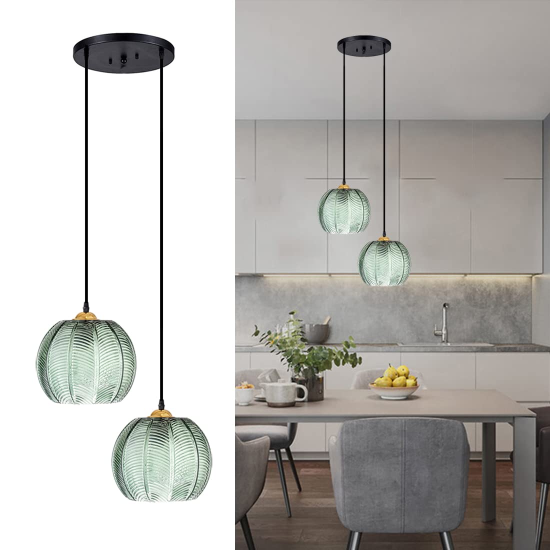 Modern 2-Light Glass Pendant Light Fixture with Green Ribbed Glass Shade - Stylish Globe Chandelier for Kitchen Island, Dining Room, Living Room & Bedroom - Perfect for Home Decor, Restaurant Lighting and Commercial Spaces