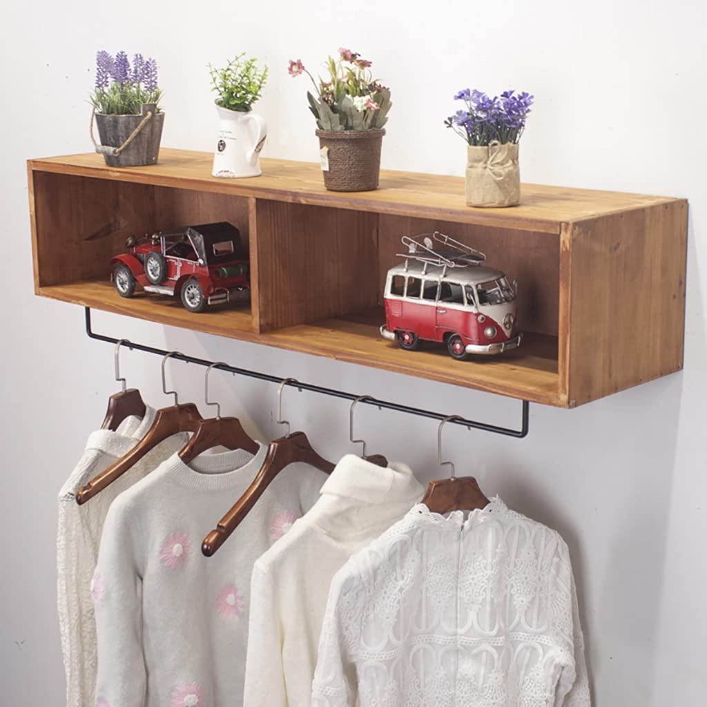 Vintage Wooden Wall Mounted Coat Rack with Metal Frame & Shelf - 120cm Garment Display for Home & Commercial Use - Perfect for Bedroom, Entryway, Boutique & Retail Store Organization