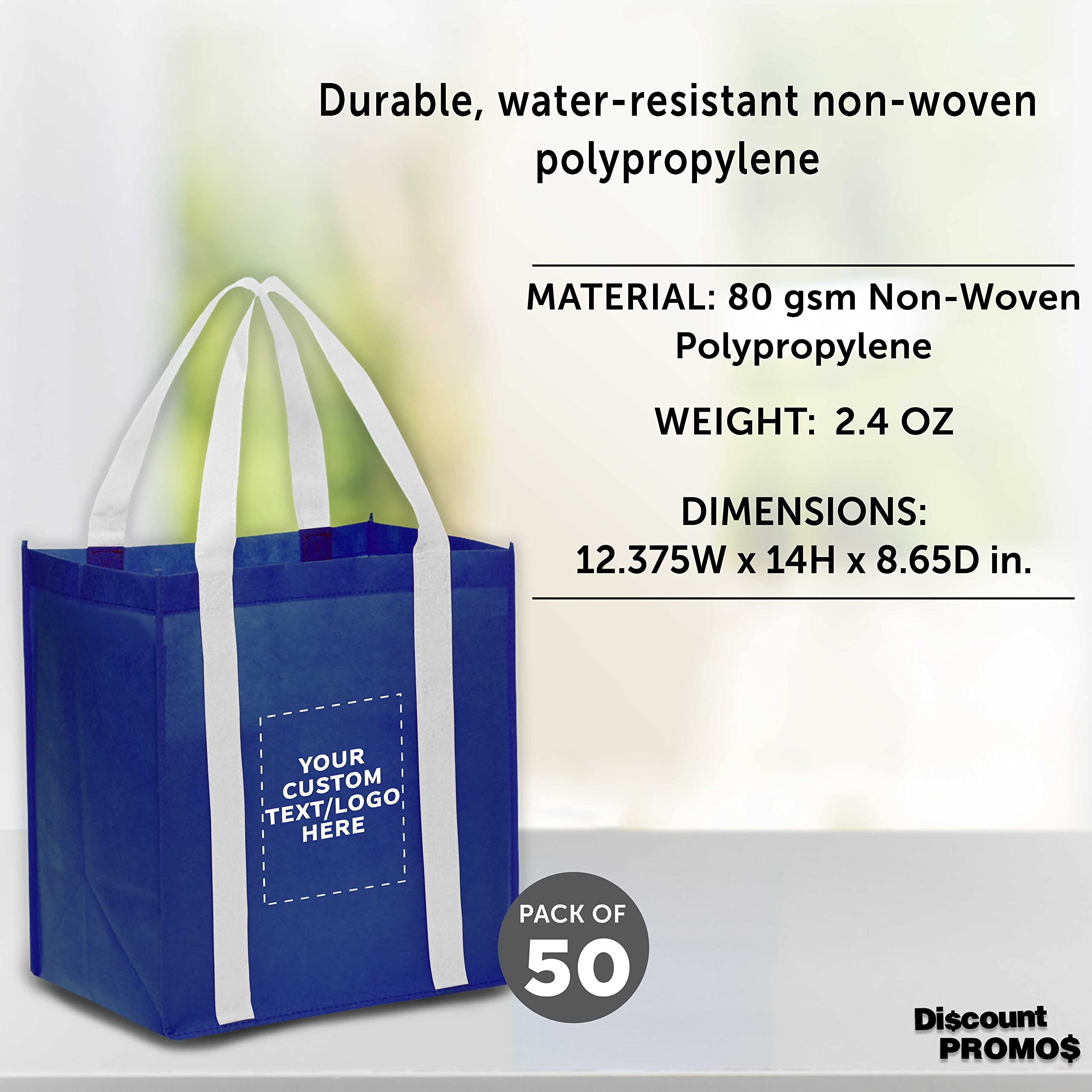 Custom Non-Woven Reusable Shopping Tote Bags - Bulk Pack of 50 Personalized Grocery Bags - Eco-Friendly Beach, Picnic & Wedding Favors (Blue & White) - Perfect for Retail Promotions, Events & Sustainable Shopping