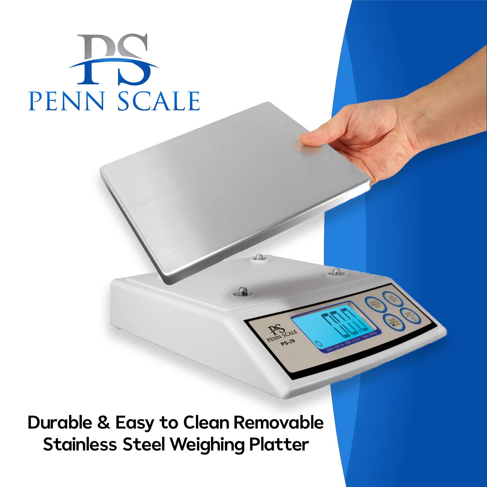 Penn PS-20 Digital Kitchen Scale - 20lb Precision Food Scale with 0.01lb Accuracy, Removable Stainless Steel Platform & LCD Display | Unit Conversion (lb/oz/kg) | AC/Battery Powered | Perfect for Baking, Meal Prep & Portion Control