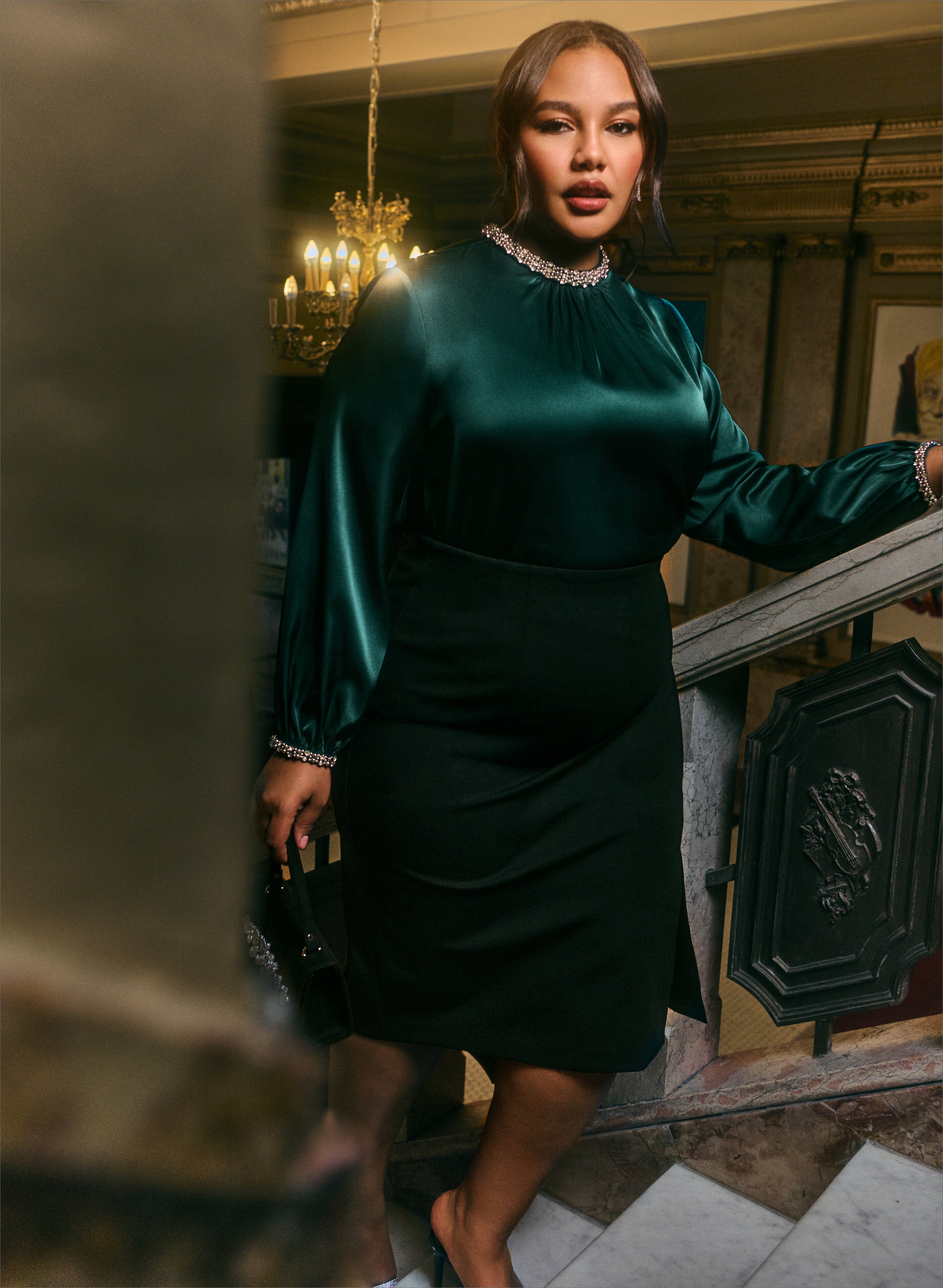 Embellished Satin Blouse & Midi Skirt Set - Elegant Women's Party Outfit for Dinner Dates, Cocktail Events & Special Occasions