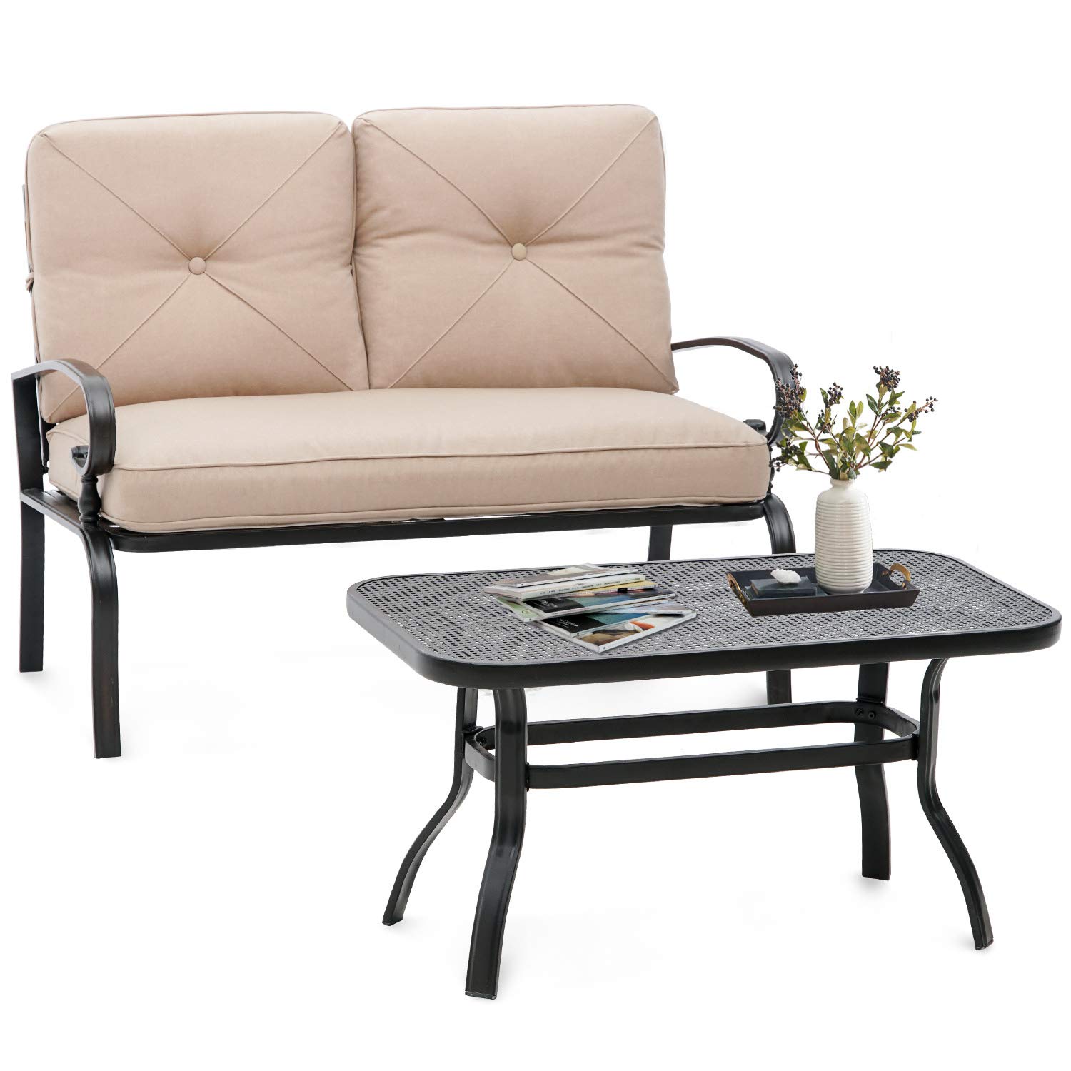 SUNCROWN 2-Piece Outdoor Patio Loveseat Set with Thick Cushions & Coffee Table - Steel Frame Bench for Garden, Balcony, Backyard (Brown) - Perfect for Relaxing, Entertaining, and Enjoying Outdoor Spaces