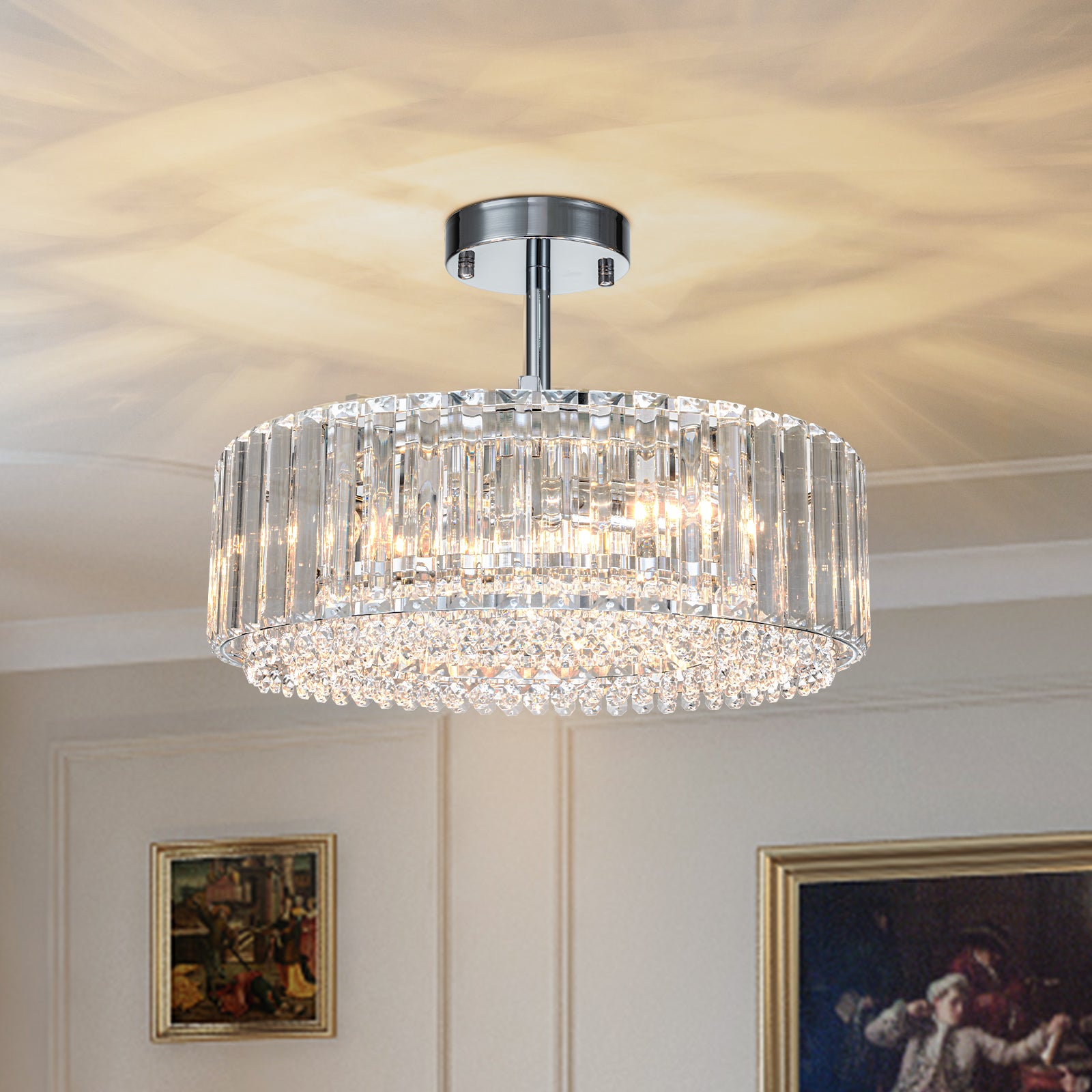 Glowlings 4-Light Classic 16-Inch Wide Chrome Drum Crystal Semi-Flush Mount Ceiling Light Fixture - Perfect for Dining Room, Bedroom, or Hallway Lighting