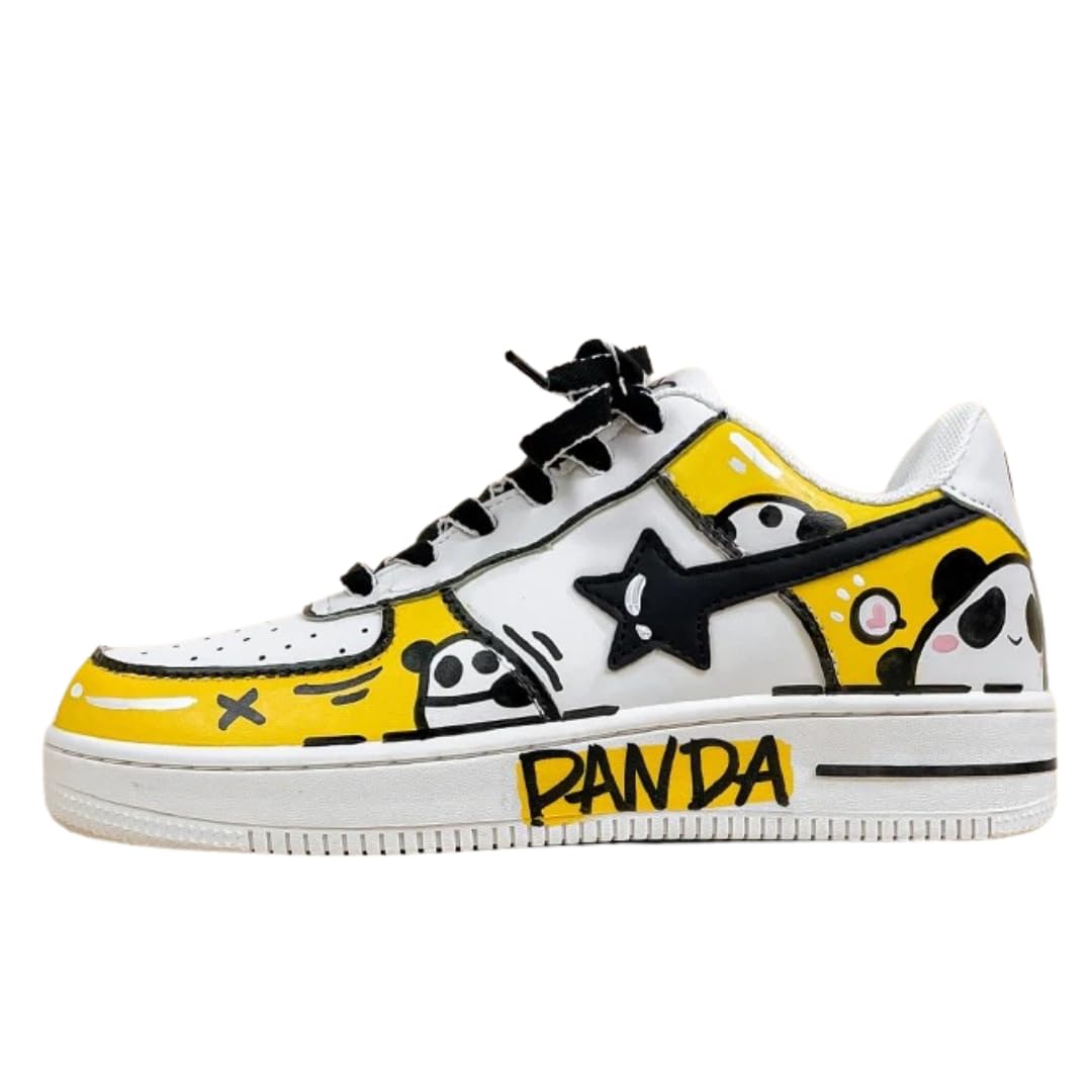 Bobo's House Unisex Hand-Painted Panda Sneakers - Yellow & White Chunky Vegan Leather Fashion Shoes for Women & Men | Comfortable Walking Shoes, Kawaii Accessories | Perfect for Casual Wear, Street Fashion & Anime Conventions