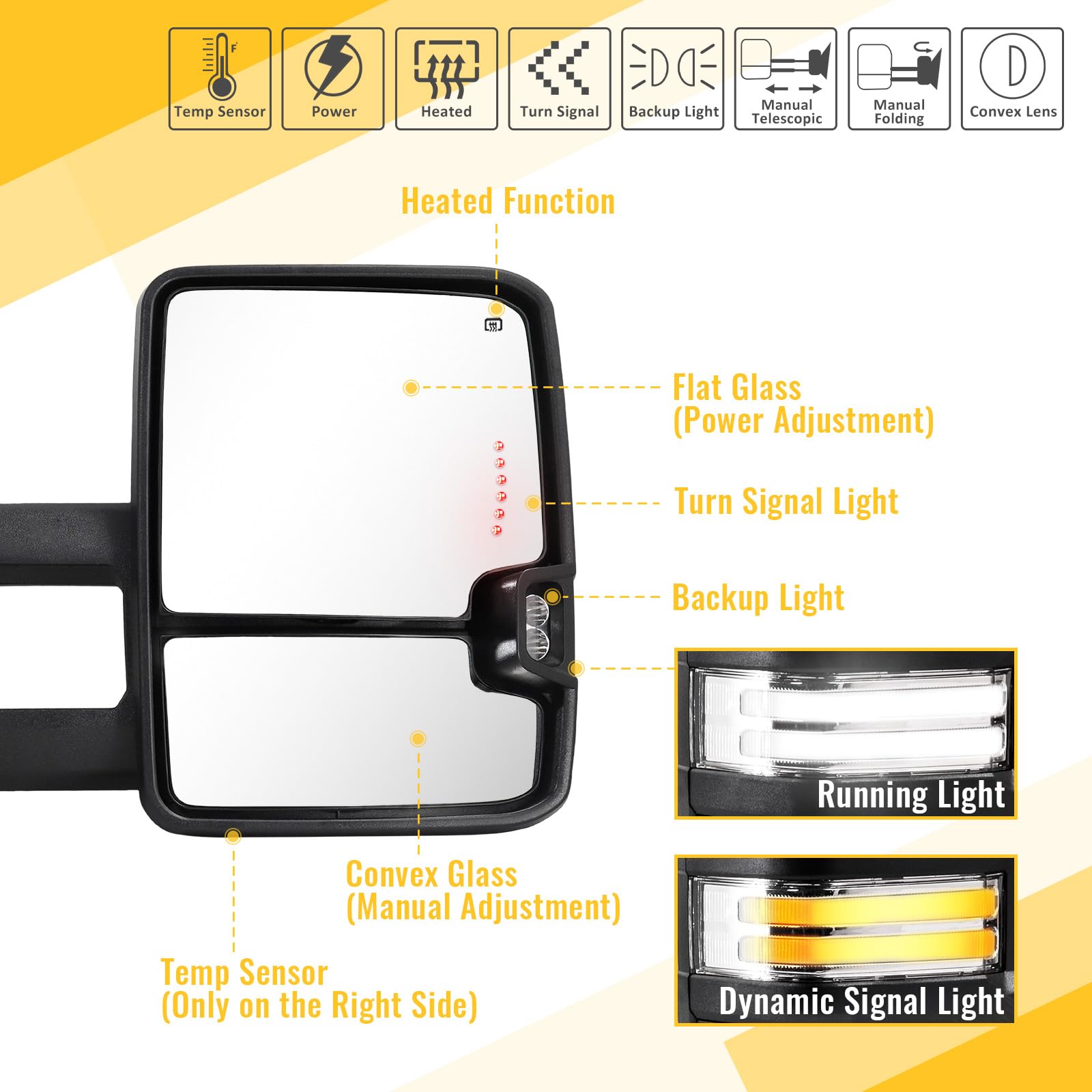 2014-2018 Chevy Silverado & GMC Sierra 1500/2500/3500 HD Towing Mirrors with Switchback LED Lights, Turn Signals, Running Lights, Power Glass & Heated Backup Lamps - Perfect for Night Towing, Off-Roading & Heavy-Duty Work