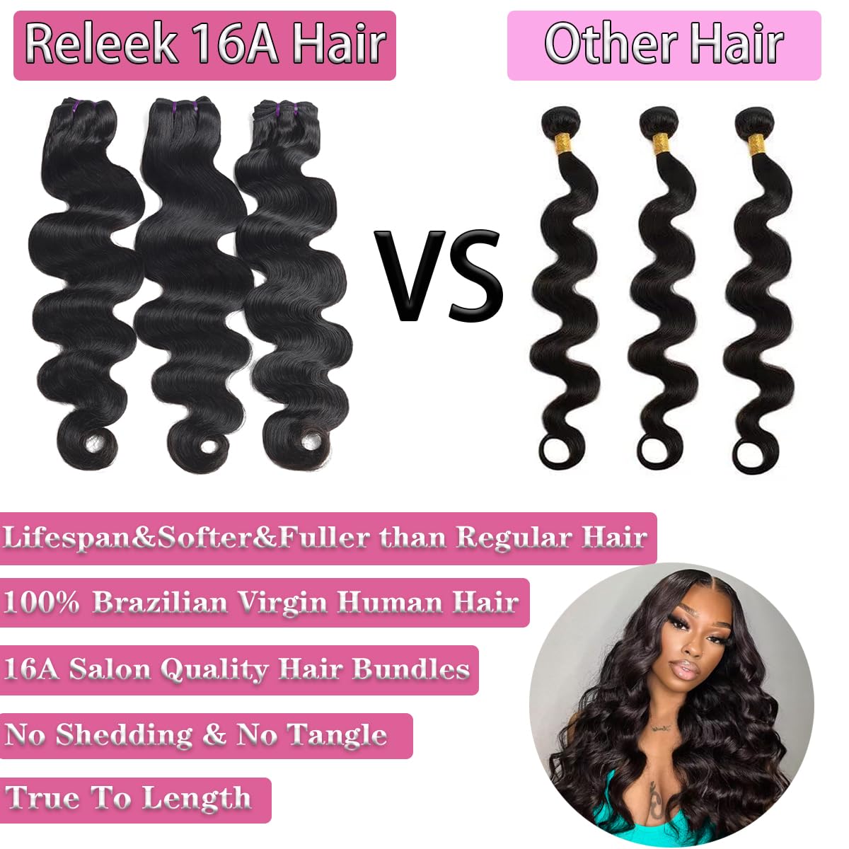 16A Brazilian Virgin Human Hair Bundles 14 16 18 Inch - 3 Bundles Unprocessed Body Wave Raw Human Hair Extensions with Thick Ends - Natural Black Color for Weaving, Styling & Everyday Glamour