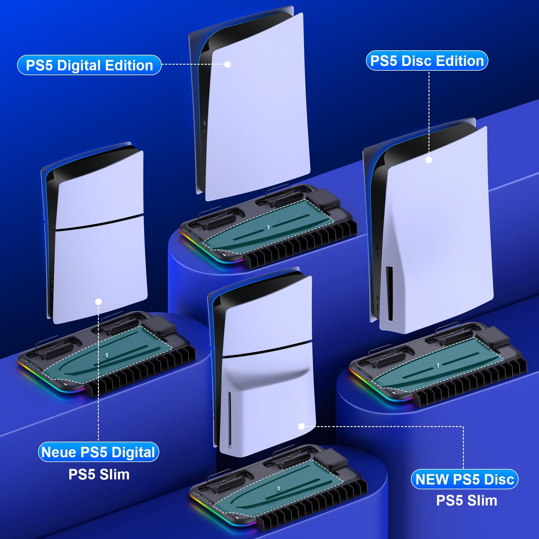 ALEEMTRY PS5 Stand with Cooling Fan & RGB Lights - 3-Speed Adjustable Cooling, 15 Game Storage Holder - Compatible with PS5 Slim Disc & Digital Edition - Perfect for Gaming Setup & Console Protection