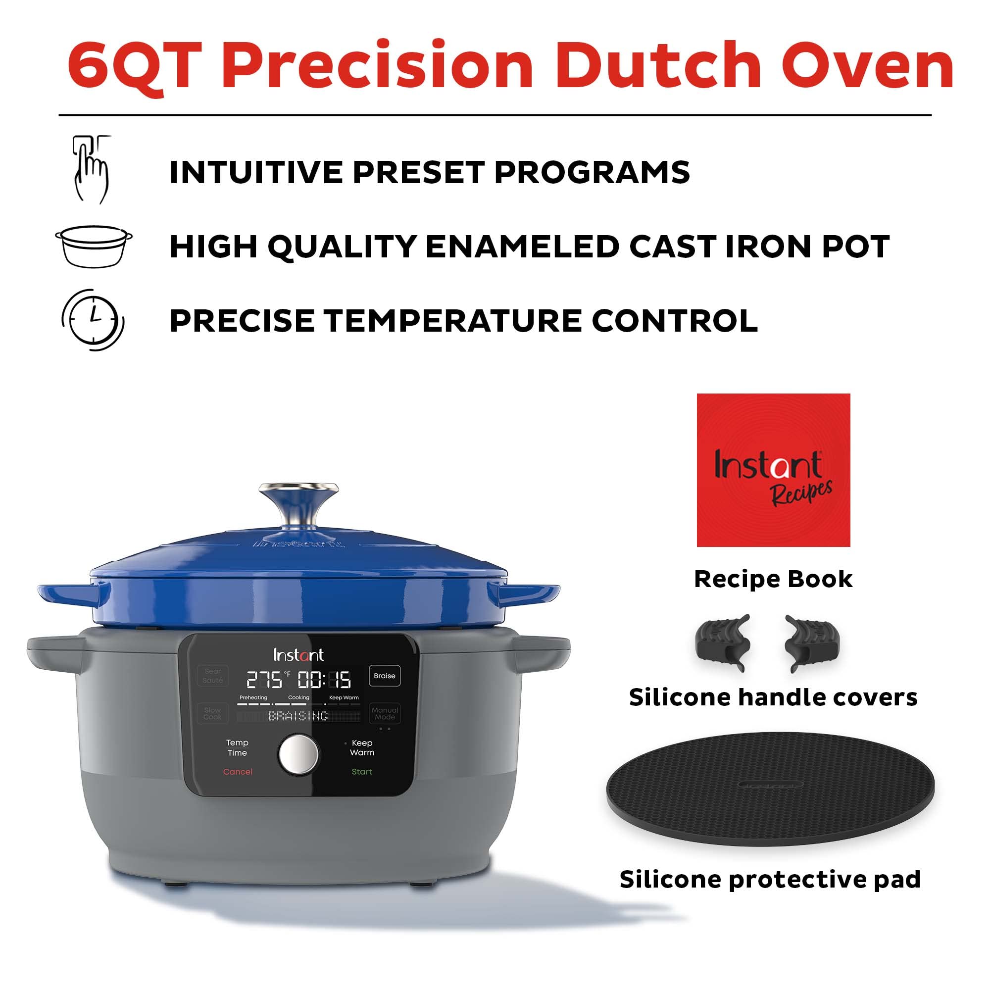 Instant Pot 6-Quart Electric Round Dutch Oven - 1500W Enameled Cast Iron Cooker with 5-in-1 Functions (Braise, Slow Cook, Sear/Sauté, Cooking Pan, Food Warmer) - Includes Recipe Book - Perfect for Family Dinners, Meal Prep & Holiday Cooking - Blue