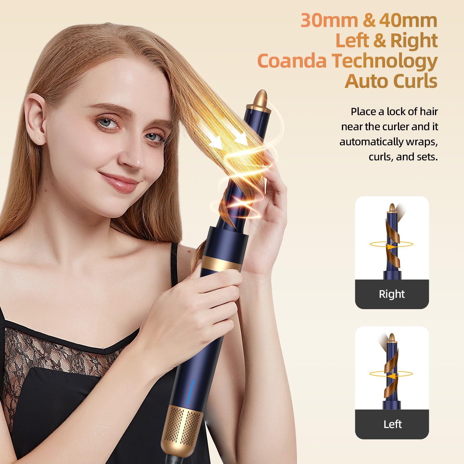 Professional T-GOGO 6-in-1 Hot Air Hair Styler & Blow Dryer Brush - Ionic Hair Dryer with Auto-Wrap Technology for Frizz-Free, Heat-Protect Styling (Dark Blue) | Perfect for Home Use, Travel & Salon-Quality Results