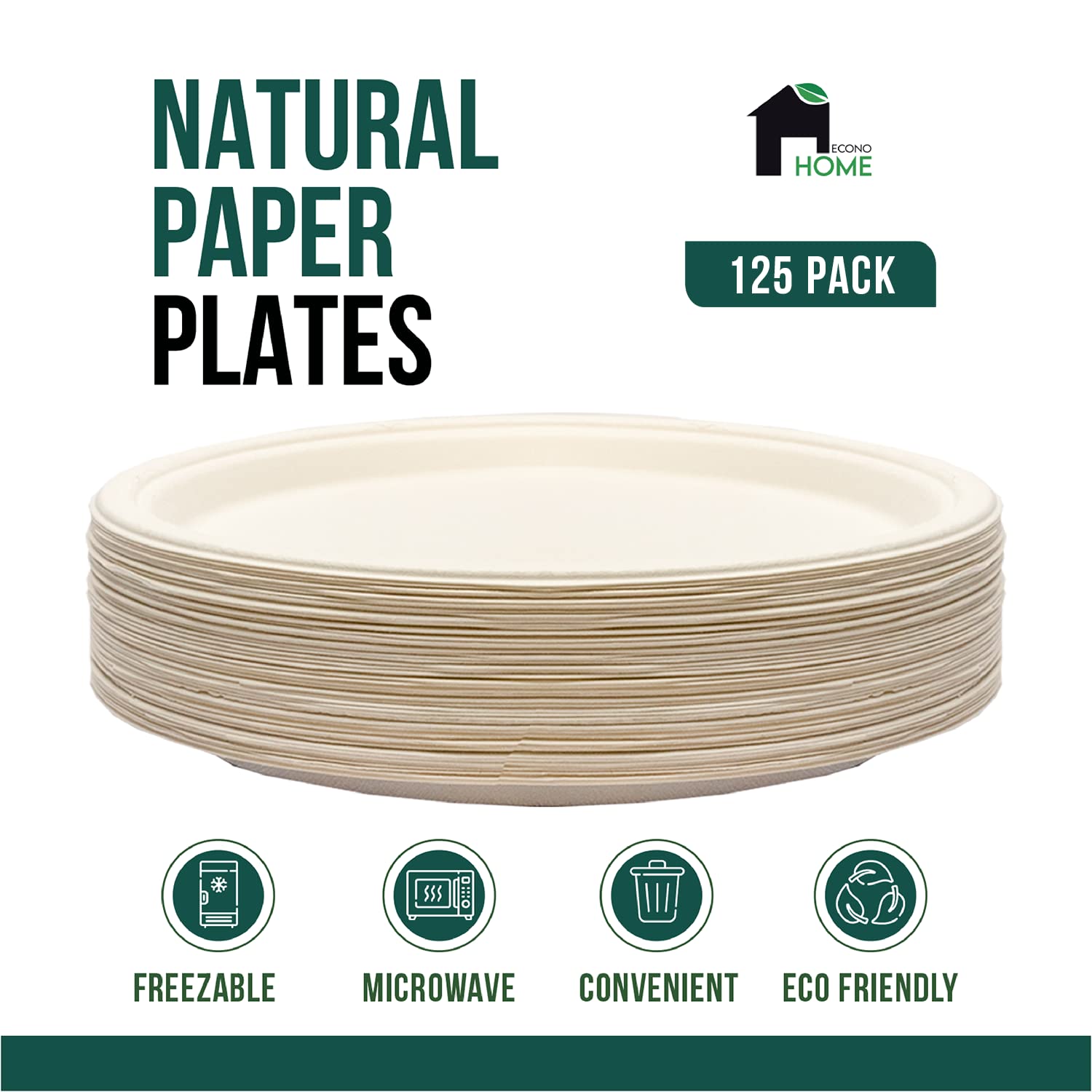 EconoHome 10 Inch Biodegradable Paper Plates [125-Pack] - Eco-Friendly Disposable Plates Made from Sugarcane Fiber - Microwave & Freezer Safe - Heavy Duty Dinner Plates for Parties, BBQs, Picnics & Family Gatherings