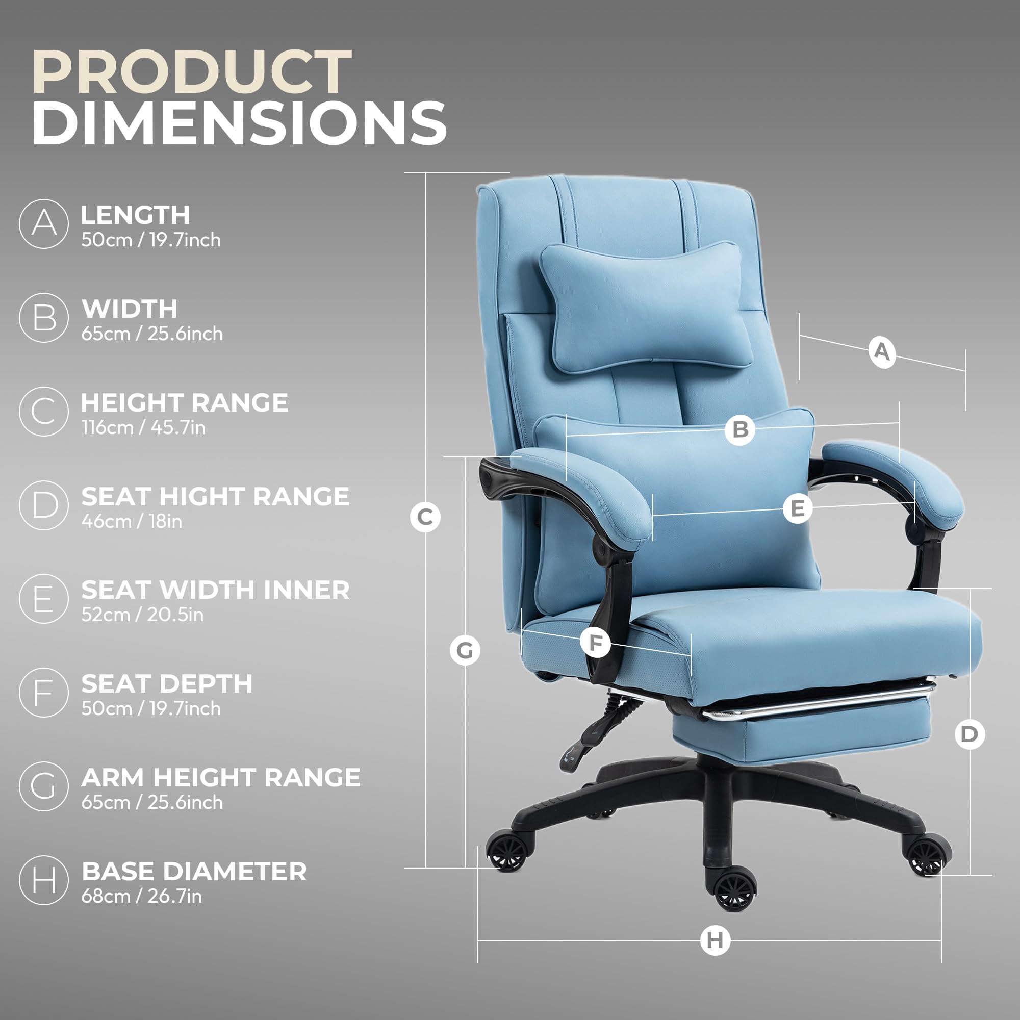 Dowinx Executive Office Chair - Big and Tall Leather Ergonomic Computer Chair with Footrest, High Back Support, Swivel Reclining for Home Office & Gaming, 350LBS Capacity, Blue - Perfect for Long Work Hours, Gaming Sessions & Home Office Comfort