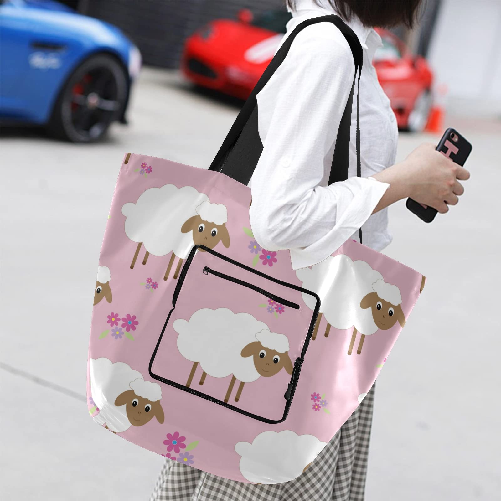 ALAZA Cute Sheep Print Large Pink Tote Bag - Reusable Foldable Grocery Shopping Bag with Handles for Women, Lightweight Shoulder Bag for Outdoor Picnic, Travel, Beach & Daily Use