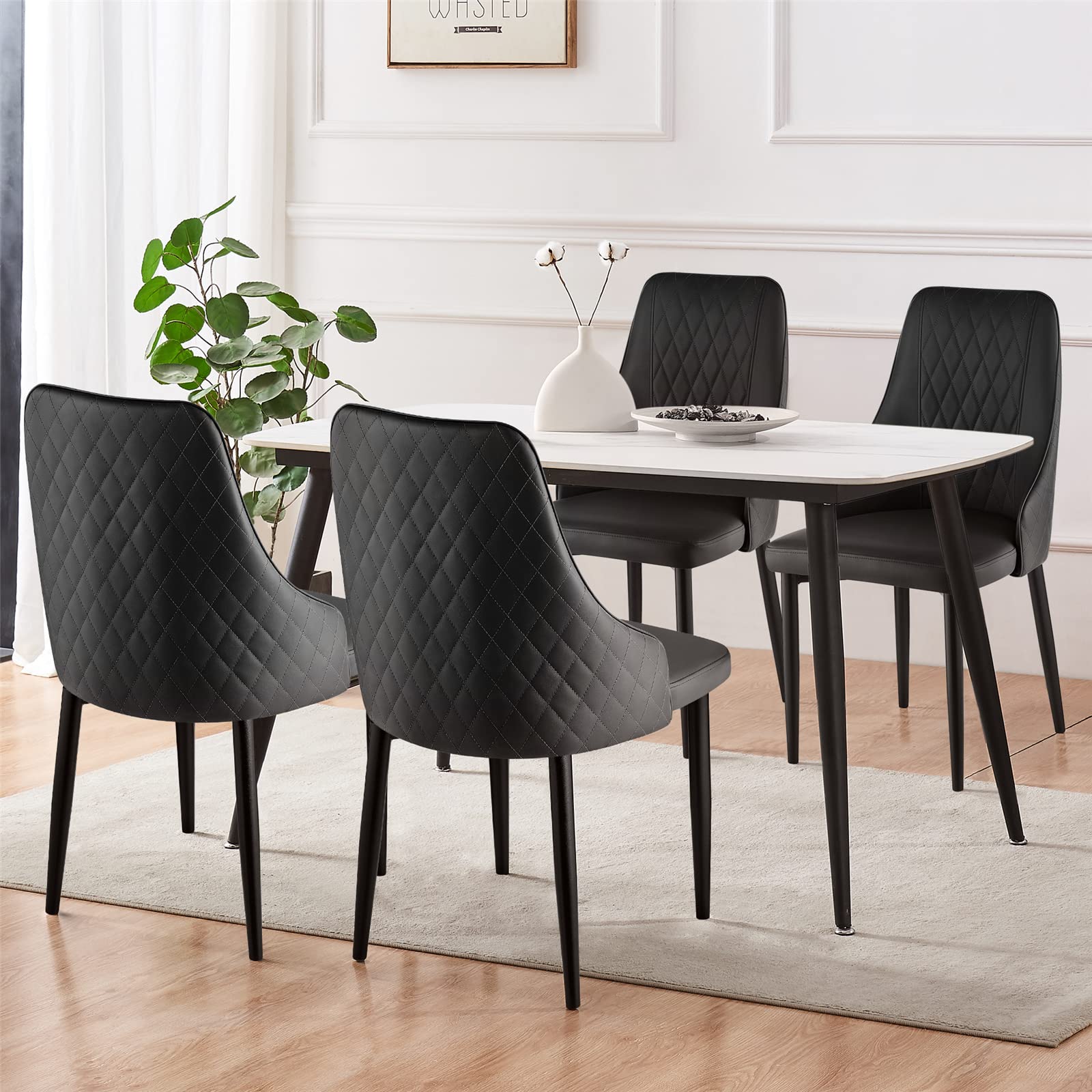 4-Piece High Back PU Leather Dining Chair Set - Modern Armless Upholstered Side Chairs with Ergonomic Backrest & Sturdy Metal Frame - Perfect for Kitchen, Dining Room & Home Office (Black)