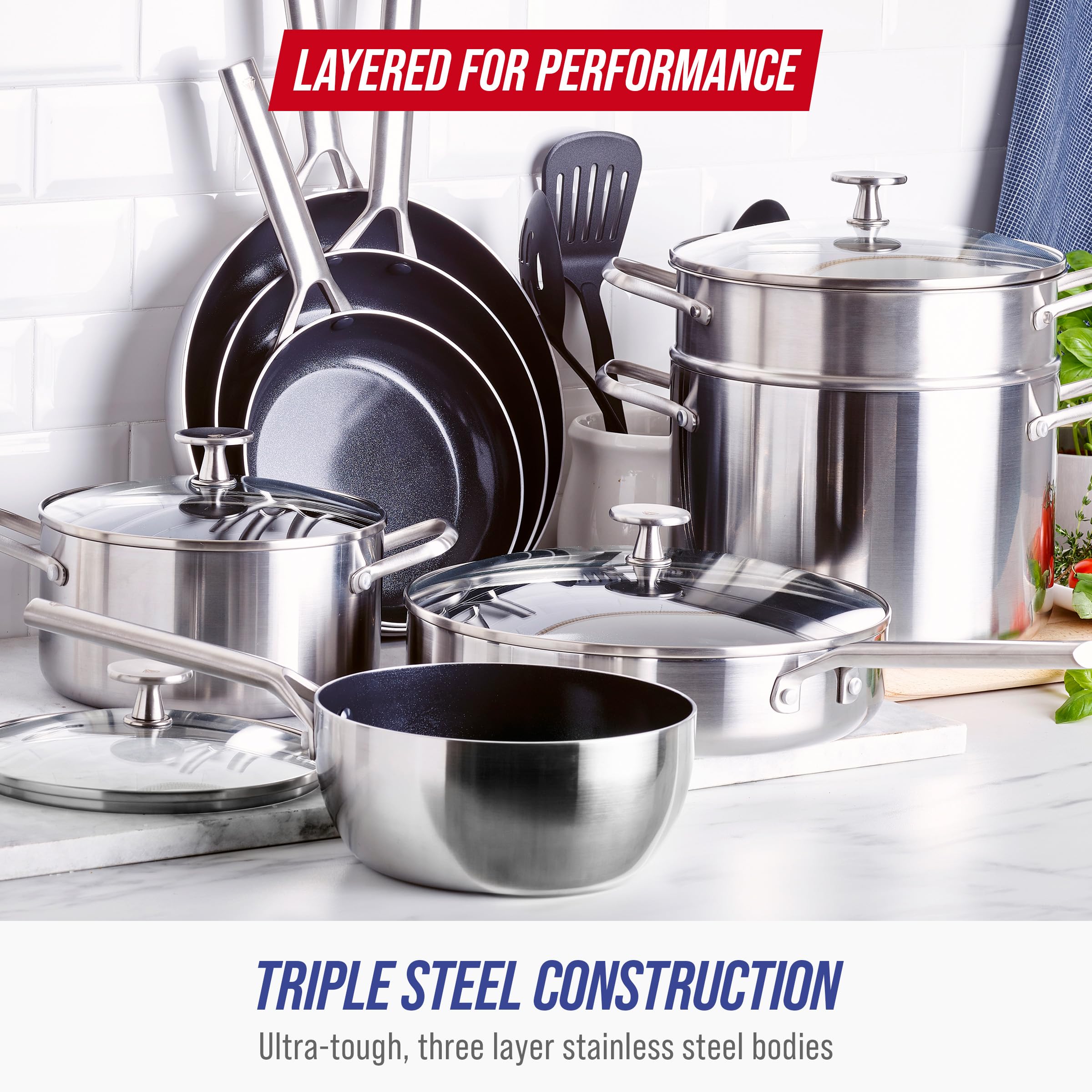 Blue Diamond 15-Piece Tri-Ply Stainless Steel Cookware Set - Healthy Ceramic Nonstick, Induction Compatible Pots & Pans | PFAS & PFOA-Free, Dishwasher & Oven Safe up to 600°F, Metal Utensil Friendly | Perfect for Everyday Cooking, Family Meals & Professional Kitchens