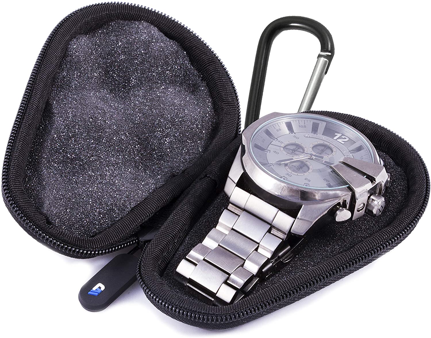 CASEMATIX Premium Watch Travel Case - Hard Shell Exterior & Cushion Foam Interior for Protection - Fits Watches Up to 56mm with Reinforced Zippers & Metal Carabiner - Perfect for Business Travel, Vacation & Watch Collection Storage