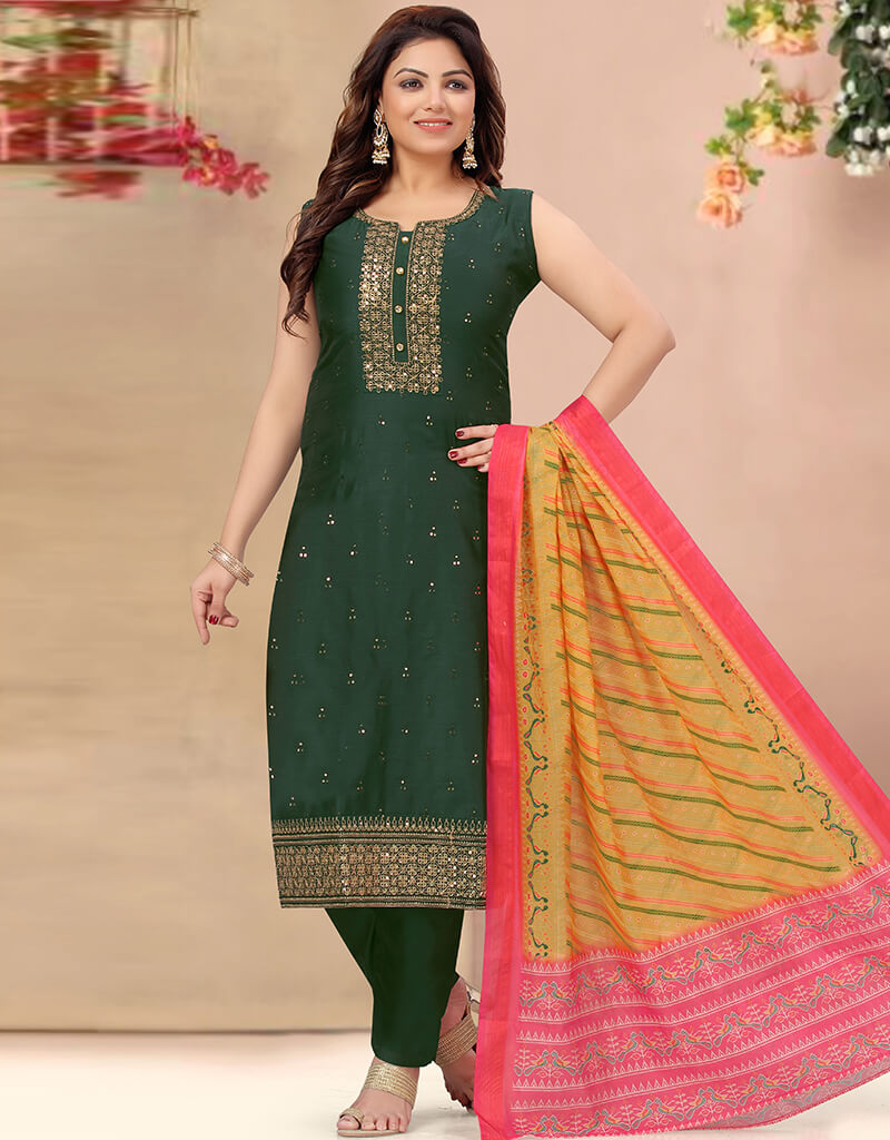 Elegant Green Chanderi Pant Suit for Women - Traditional Indian Ethnic Wear for Weddings & Festive Occasions