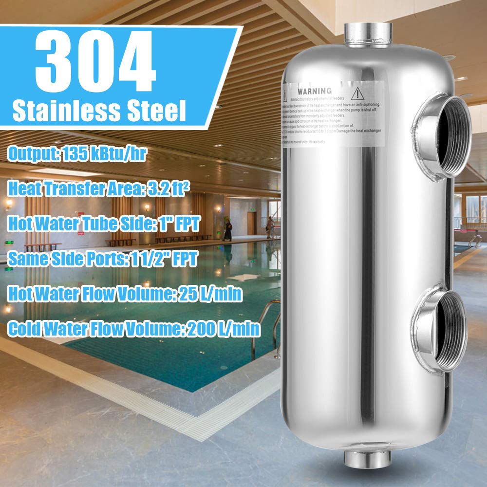 Gdrasuya10 304 Stainless Steel Pool Heat Exchanger - 135K BTU Smart-Heat Tube Shell Design for Sauna & Swimming Pools | Quick Installation, Whole Body Heating Solution | Perfect for Spa, Hot Tub & Home Wellness Systems