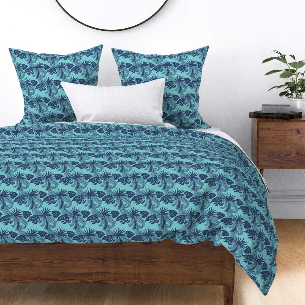 Premium Cotton Sateen Duvet Cover Full/Queen Size - Tropical Banana Leaf Turquoise Tiki Beach Jungle Hawaii Art Deco Indigo Print Bedding Set | Breathable & Soft for All Seasons | Perfect for Beach House, Boho Bedroom or Tropical Vacation Theme Decor